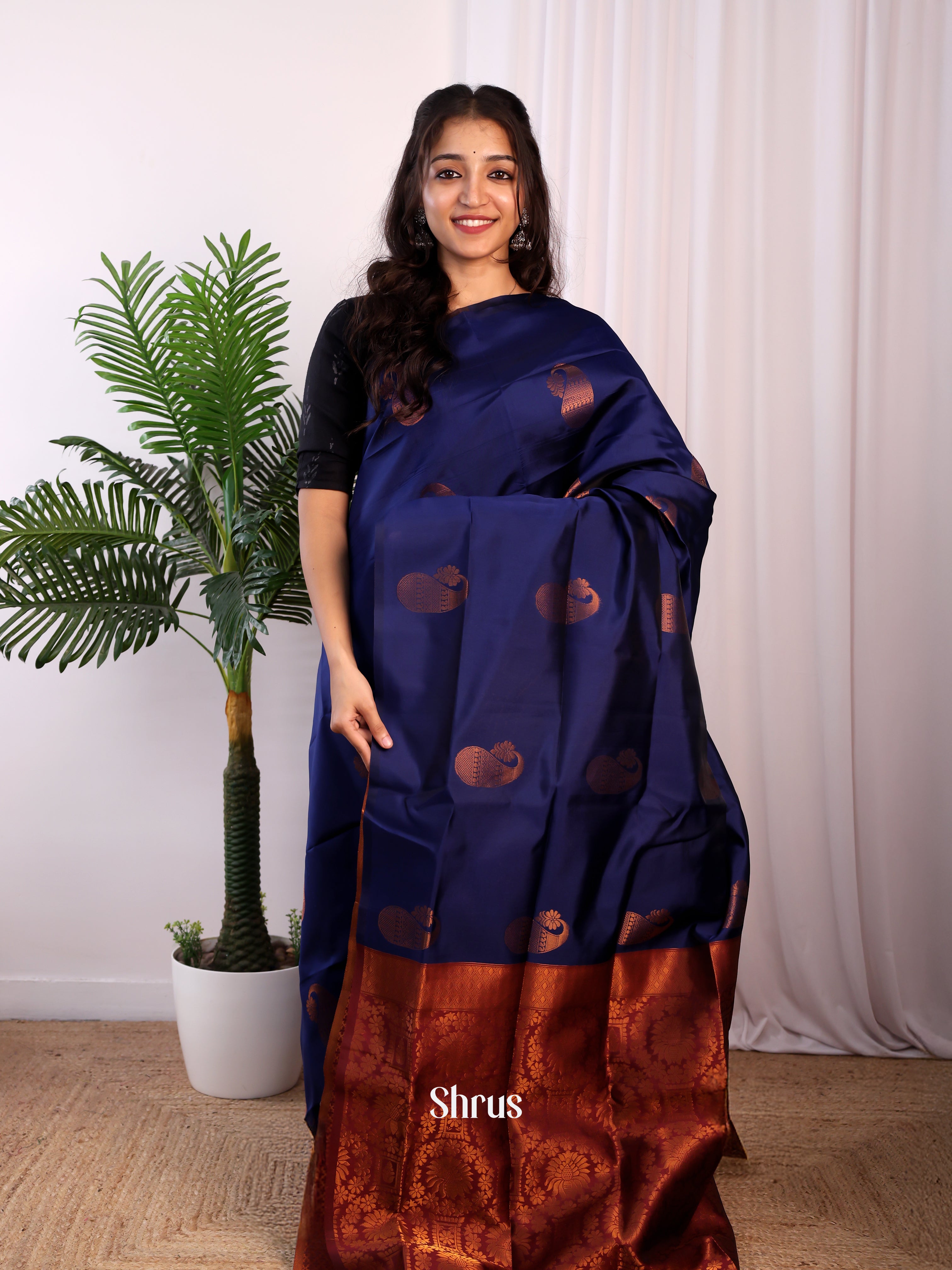 Blue & Brown- Semi Softsilk Saree - Shop on Shrus.com