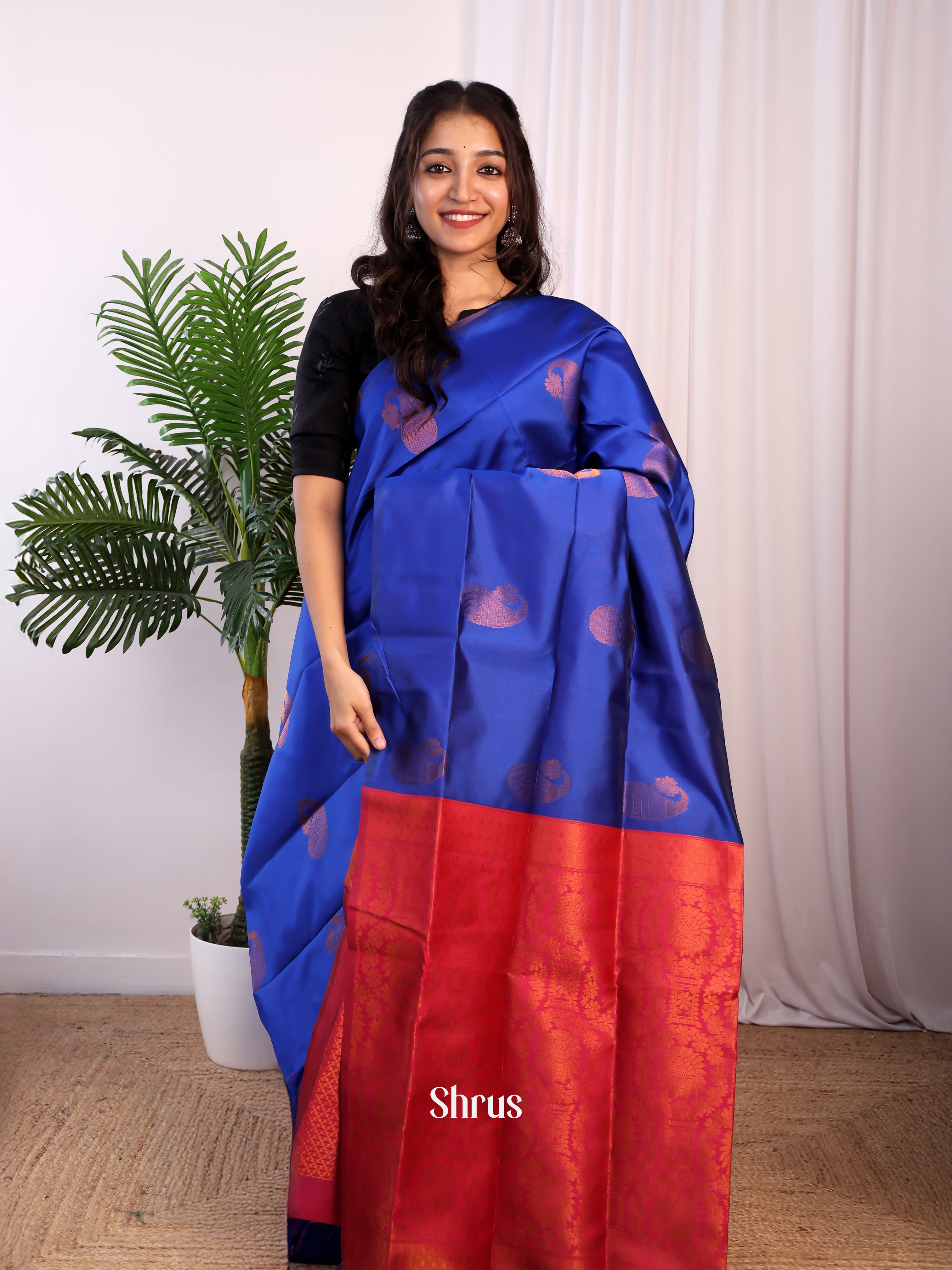 Blue & Maroon - Semi Softsilk Saree - Shop on Shrus.com