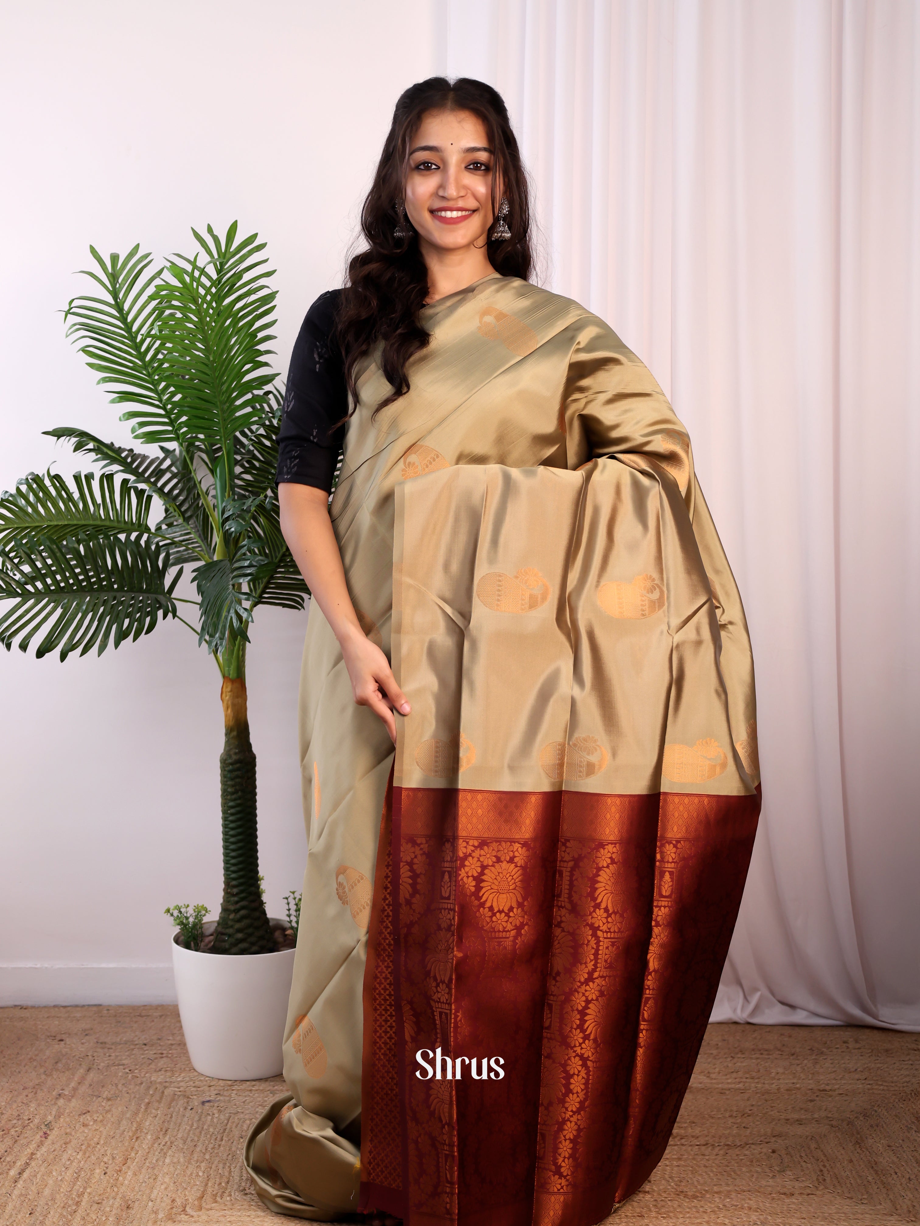 Beige & Maroon - Semi Softsilk Saree - Shop on Shrus.com