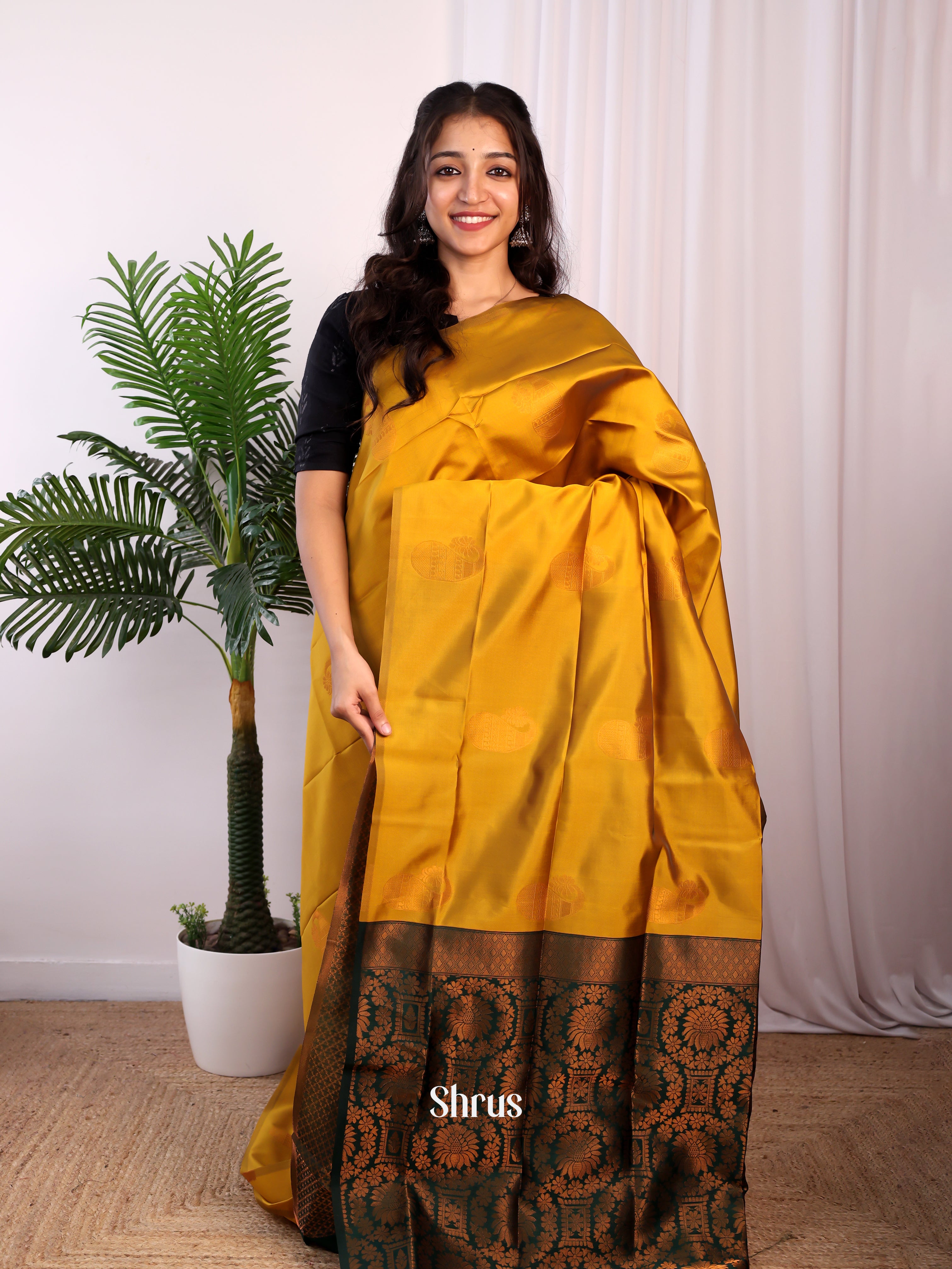 Mustard & Bottle Green - Semi Softsilk Saree - Shop on Shrus.com