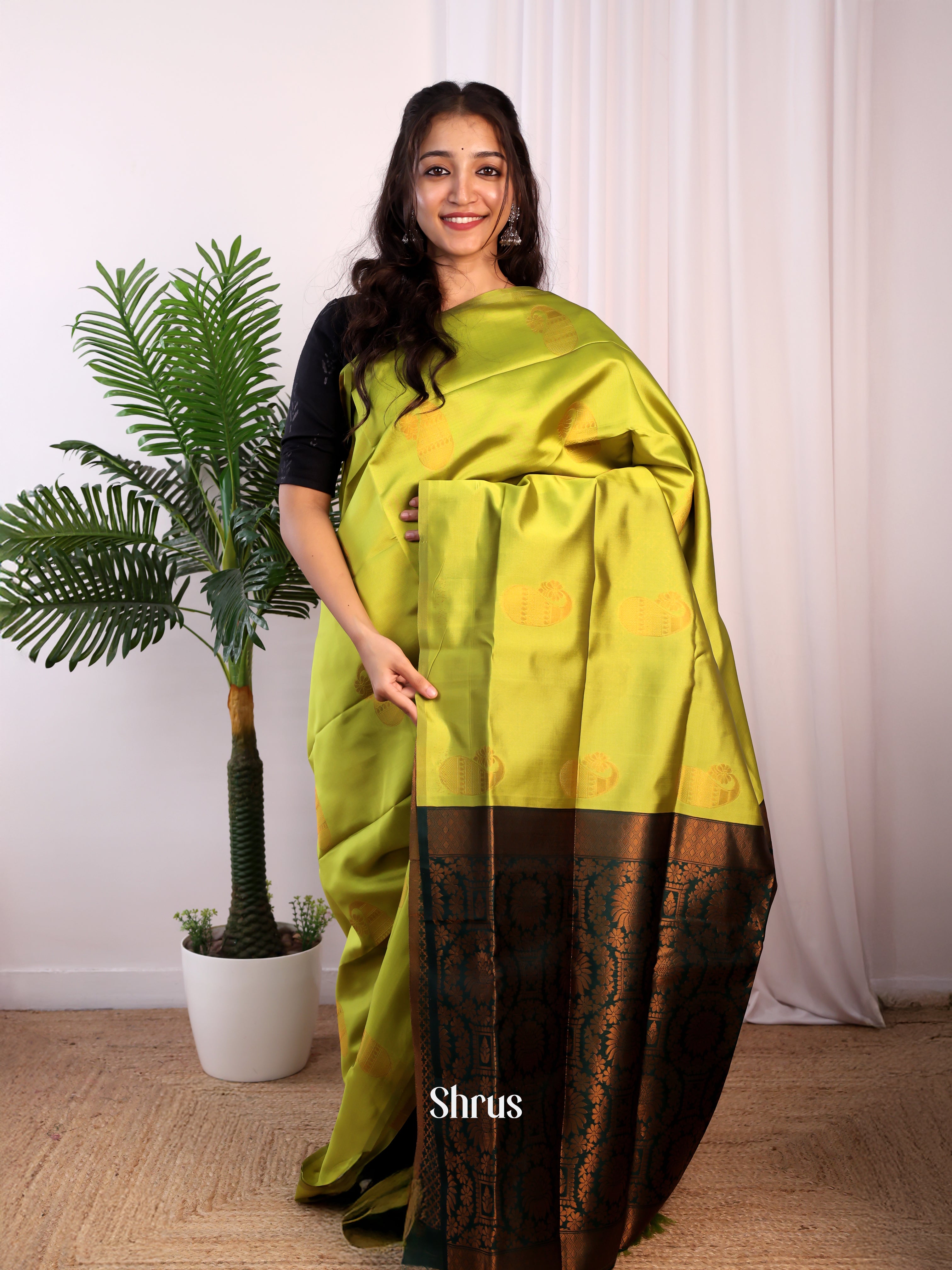 Lite Green & Green - Semi Softsilk Saree - Shop on Shrus.com