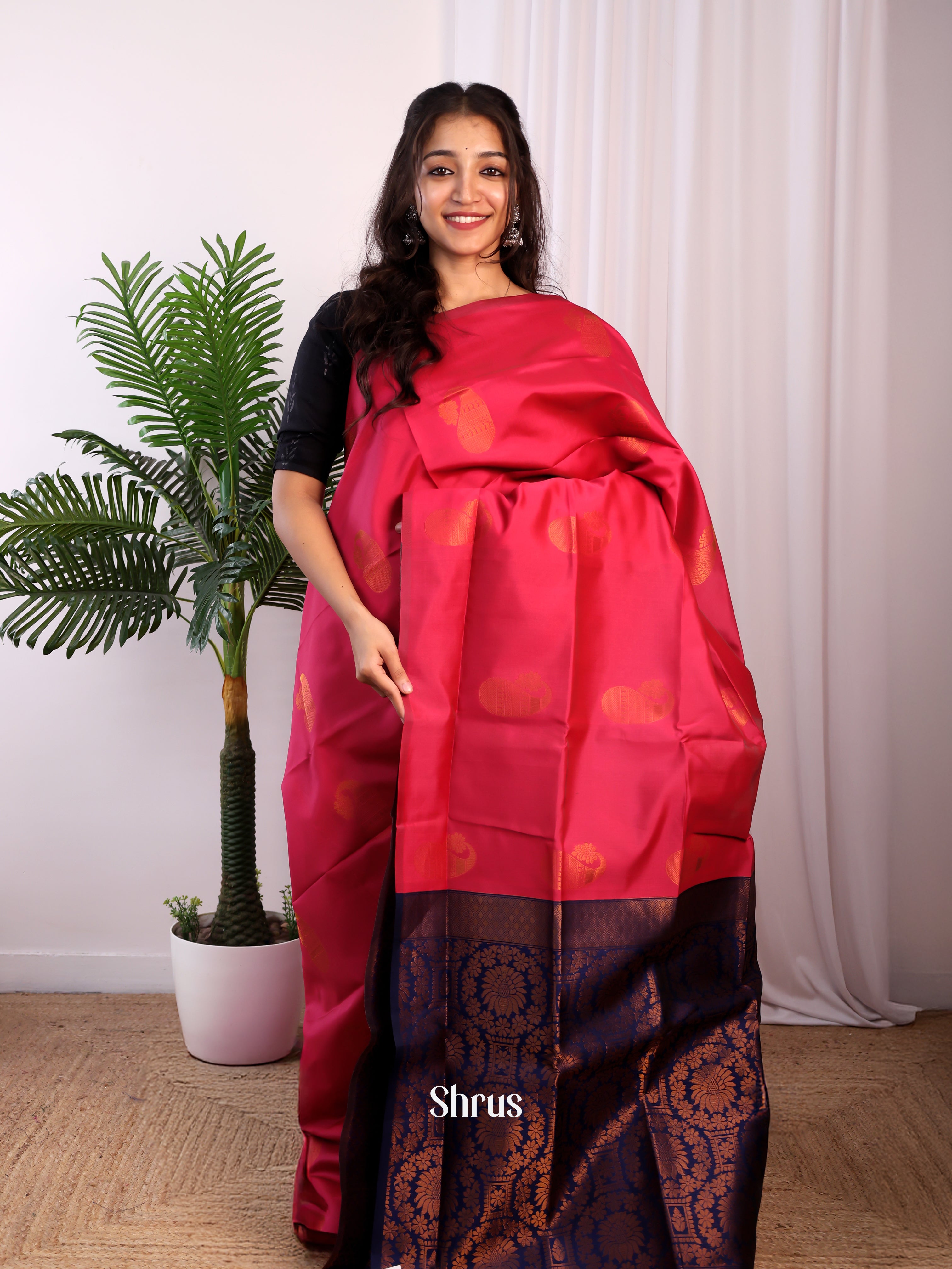 Pink & Blue - Semi Softsilk Saree - Shop on Shrus.com