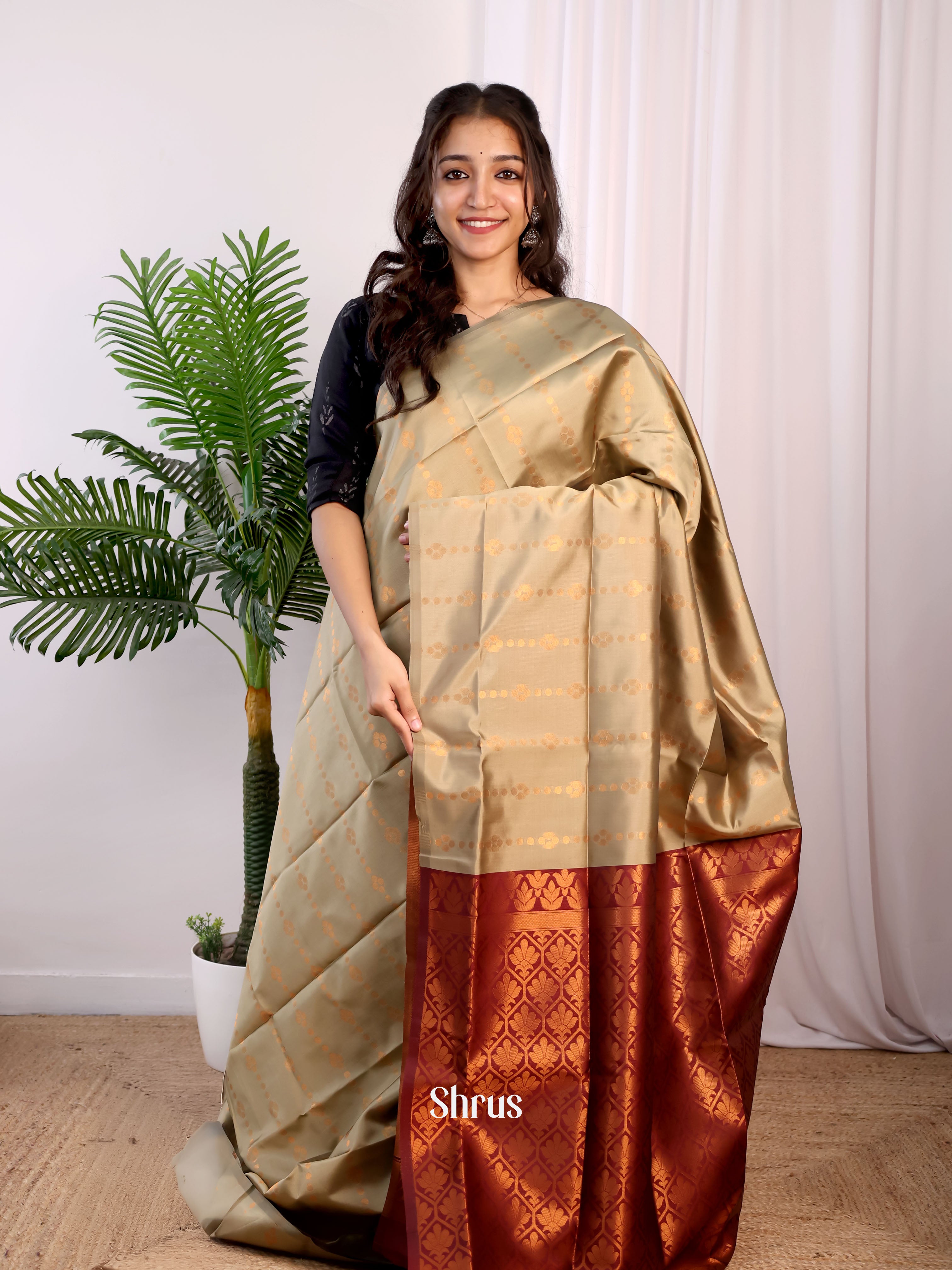 Beige & Maroon - Semi Softsilk Saree - Shop on Shrus.com