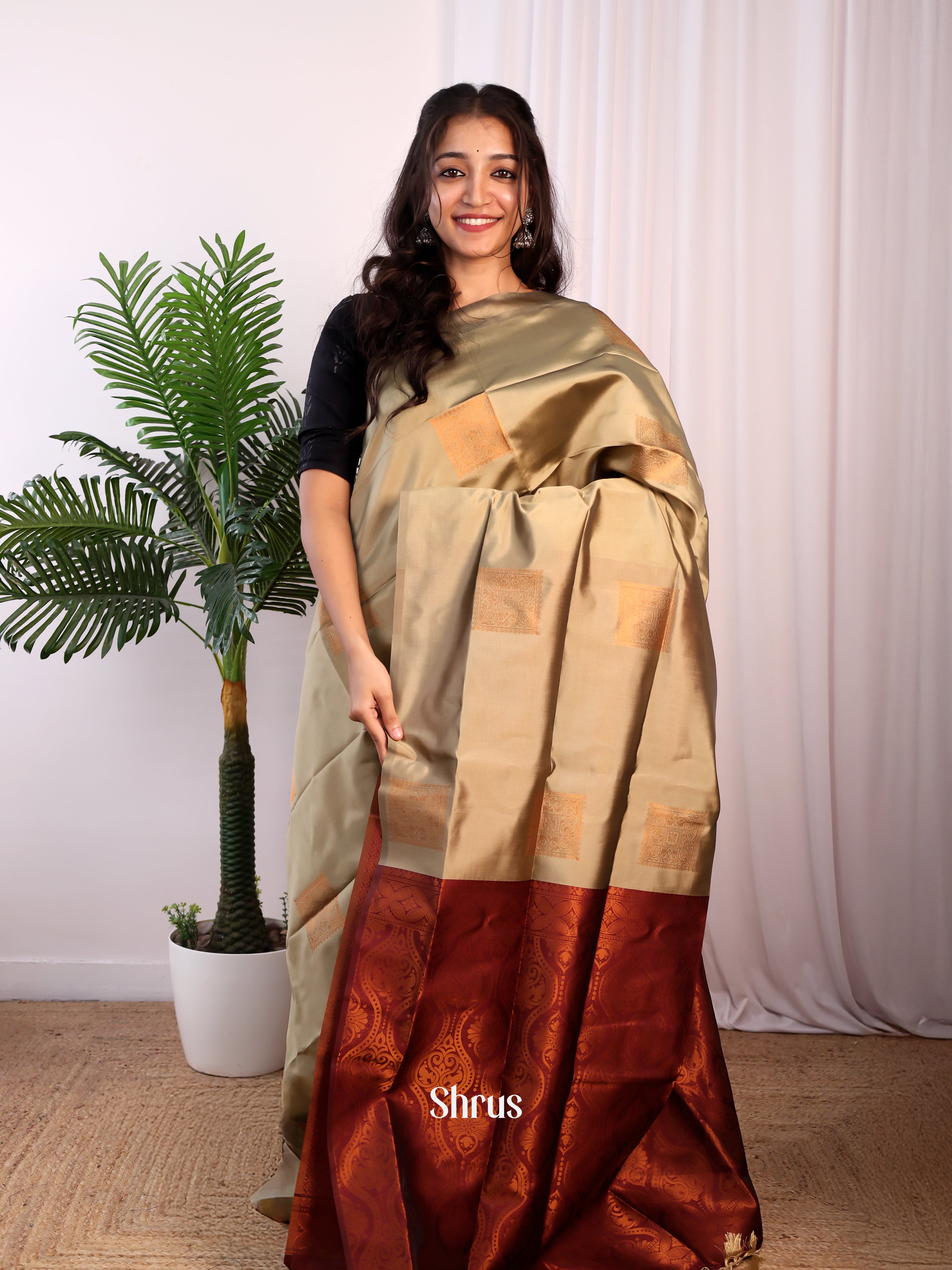 Beige & Maroon - Semi Softsilk Saree - Shop on Shrus.com