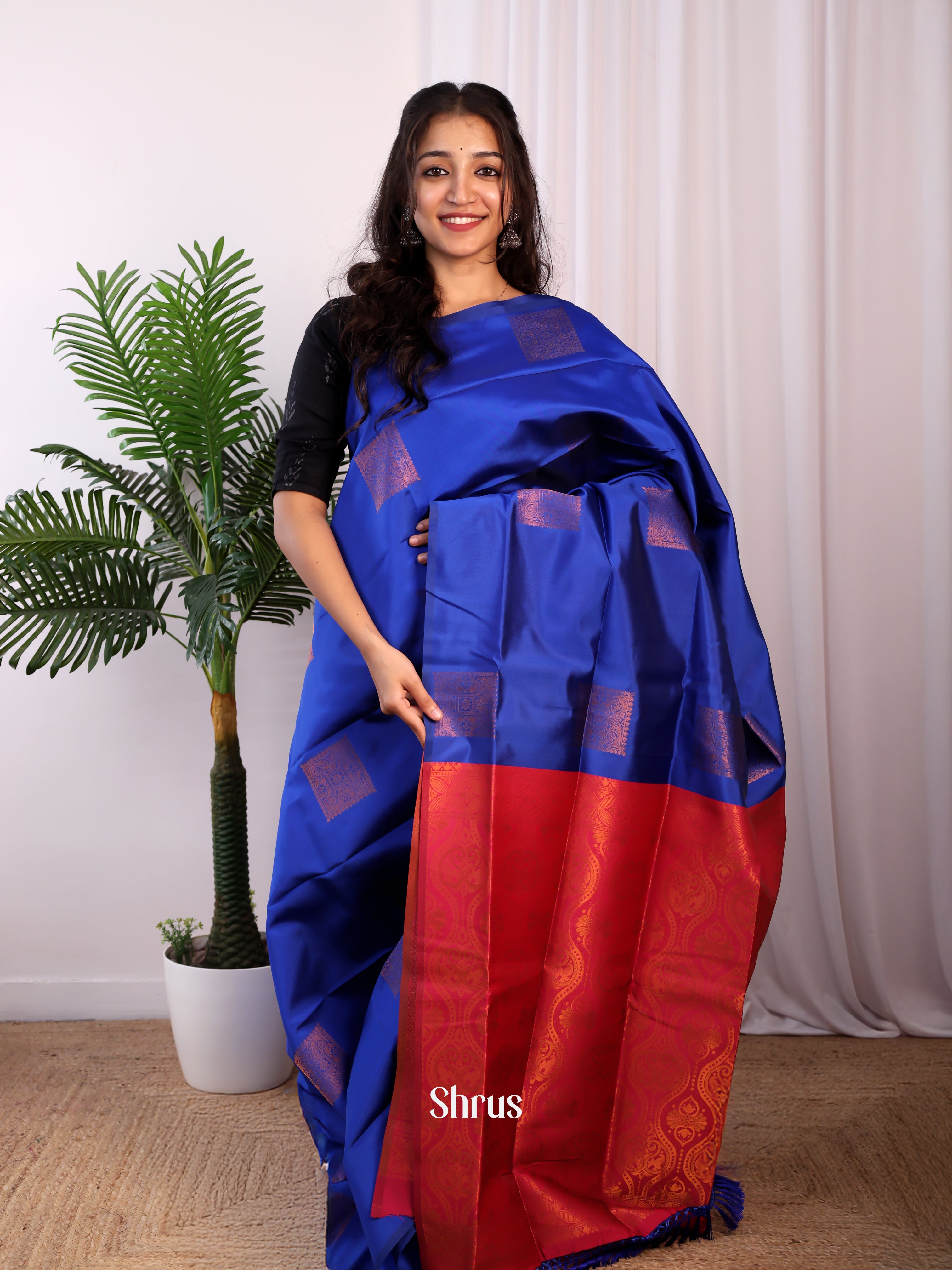 Blue & Maroon - Semi Softsilk Saree - Shop on Shrus.com