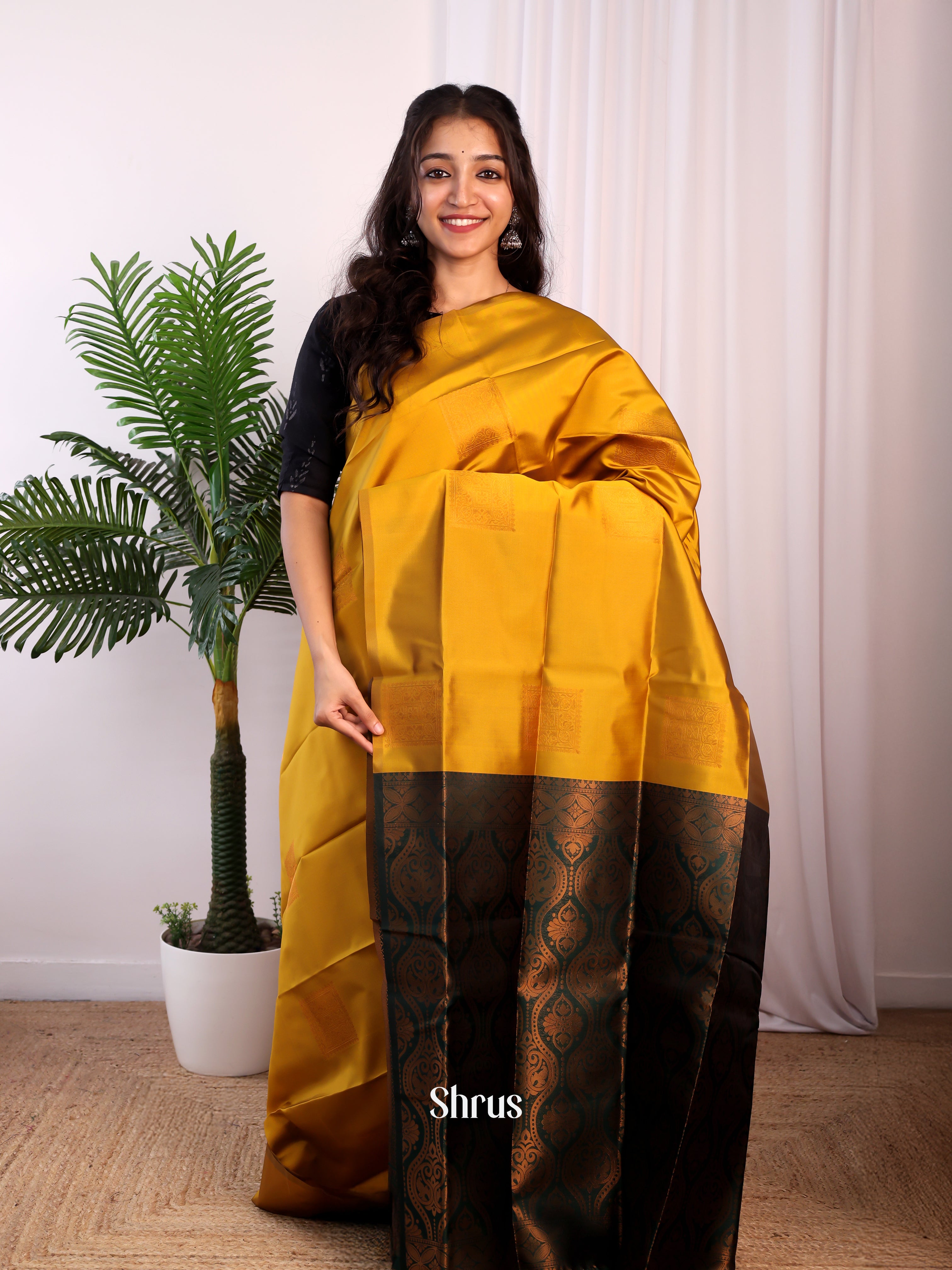 Mustard & Green - Semi Softsilk Saree - Shop on Shrus.com