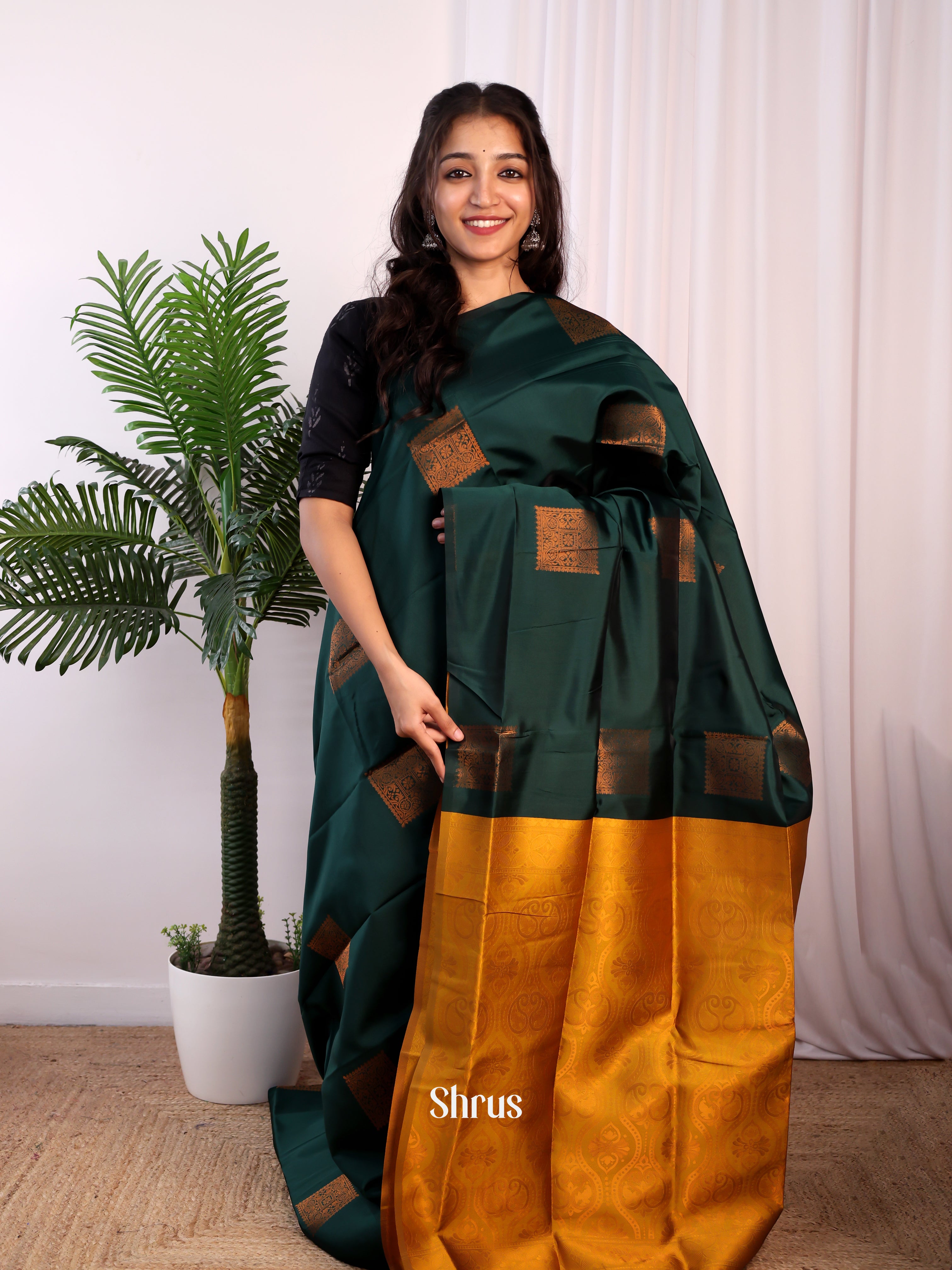 Green & Mustard - Semi Softsilk Saree - Shop on Shrus.com