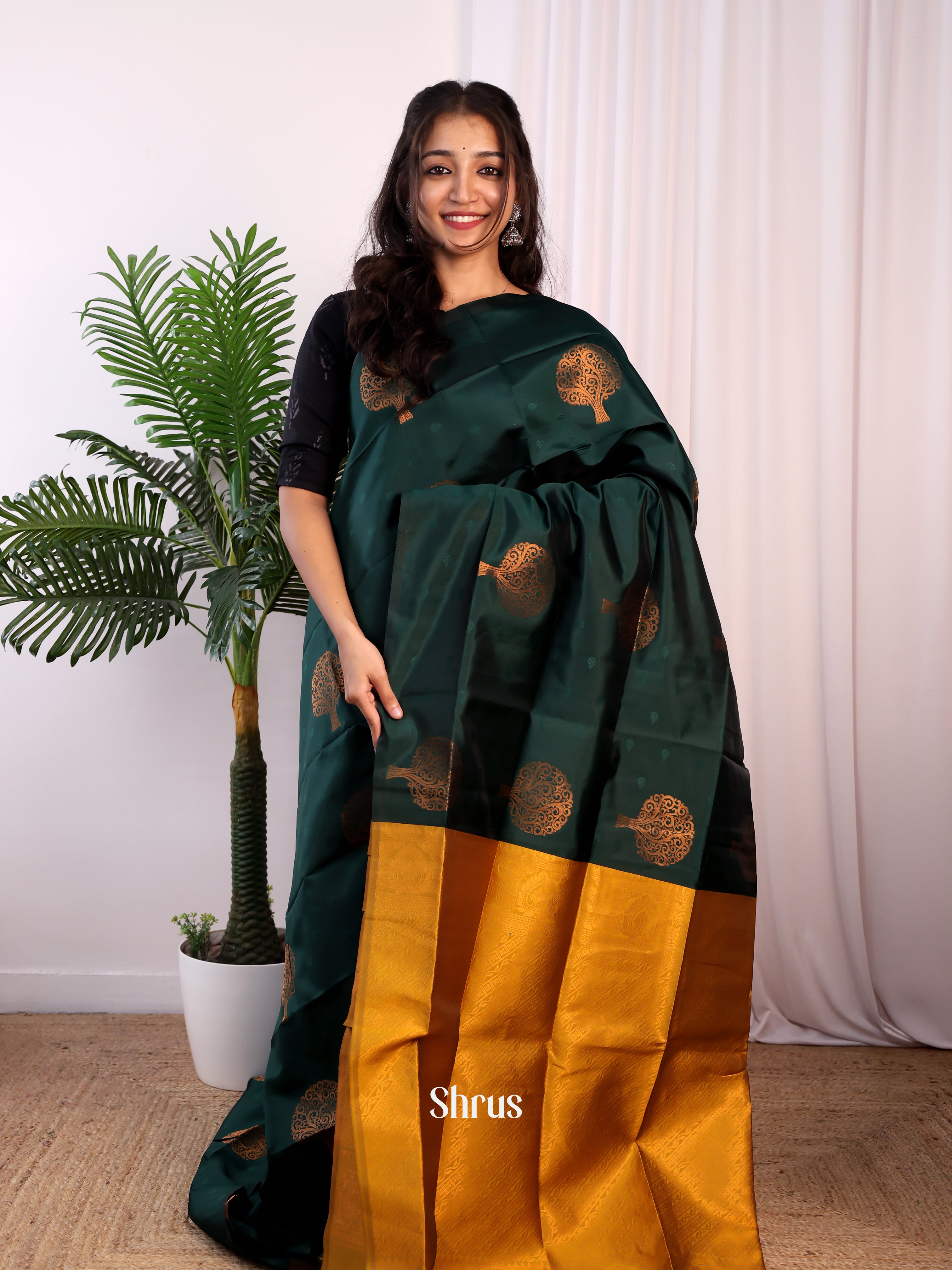 Green & Mustard - Semi Softsilk Saree - Shop on Shrus.com