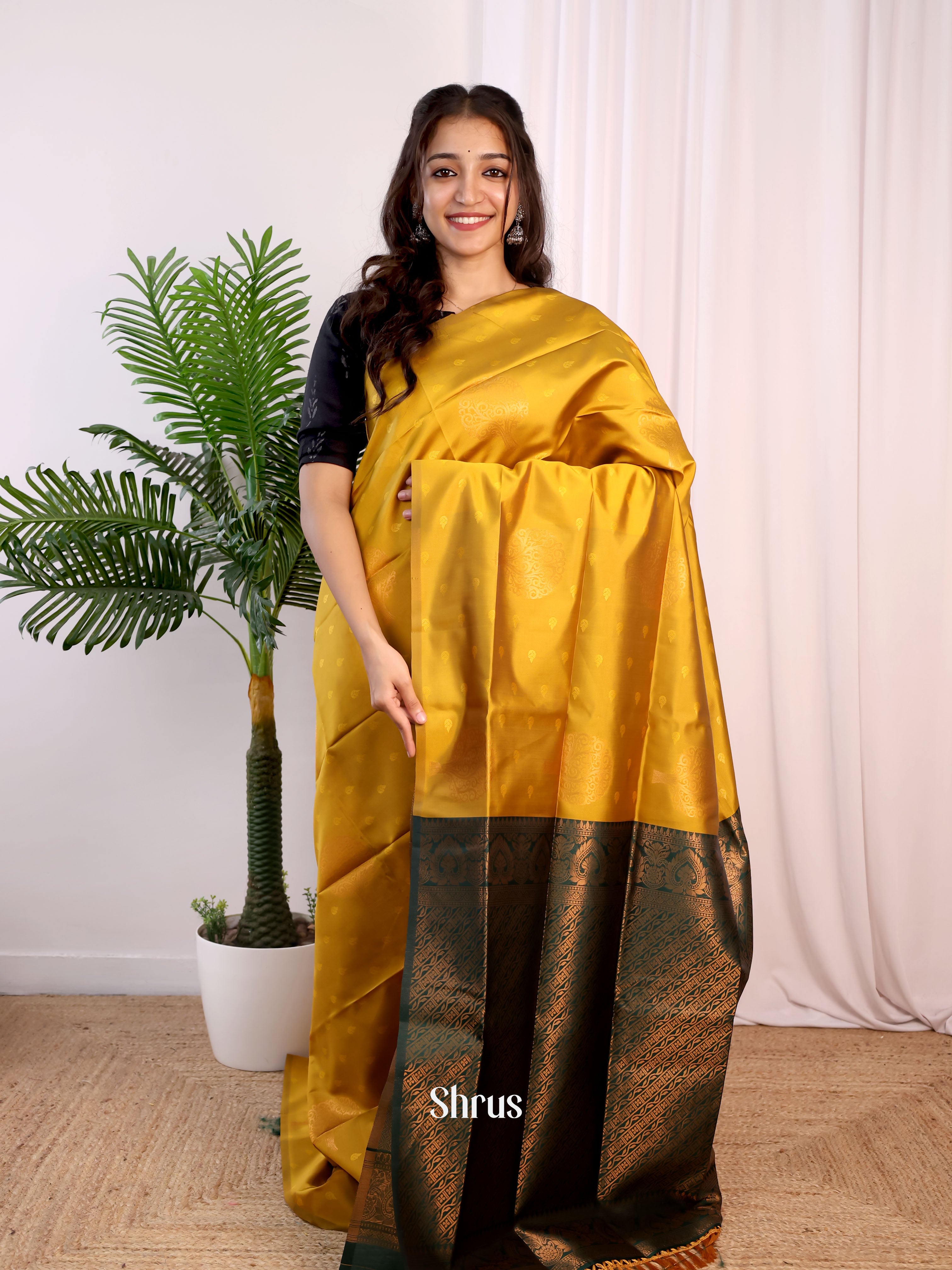 Mustard & Green - Semi Softsilk Saree - Shop on Shrus.com