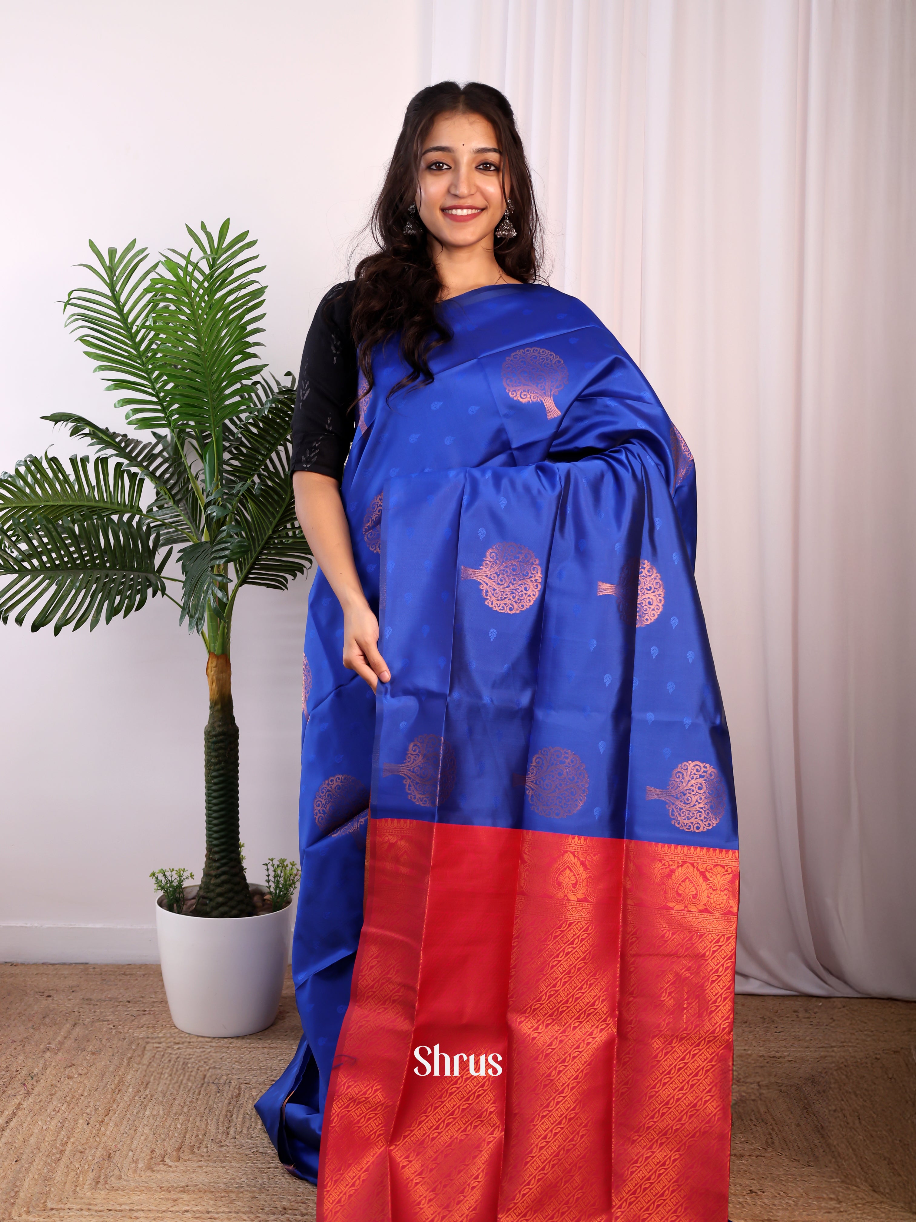 Blue & Maroon - Semi Softsilk Saree - Shop on Shrus.com