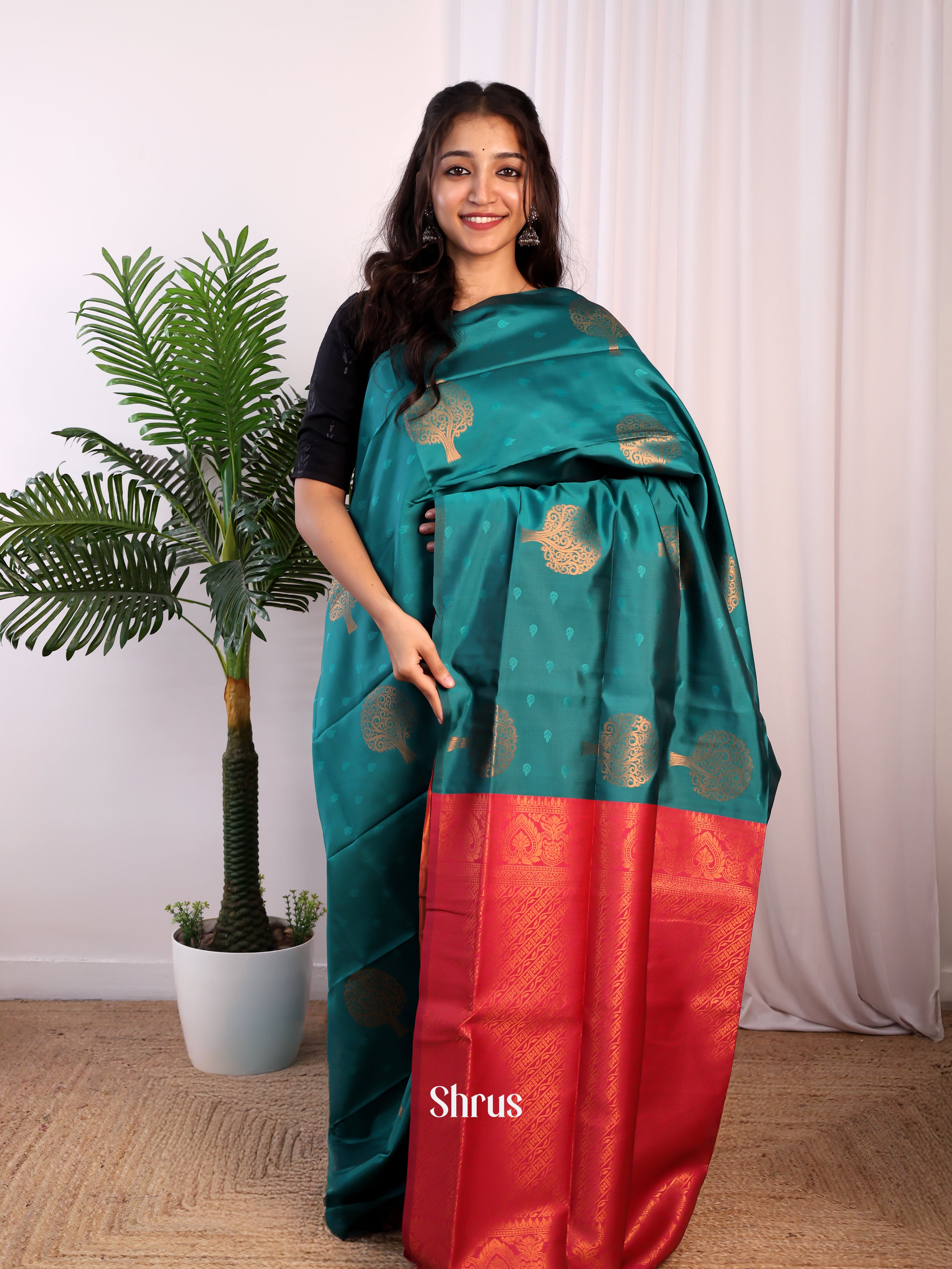 green & Maroon- Semi Softsilk Saree - Shop on Shrus.com