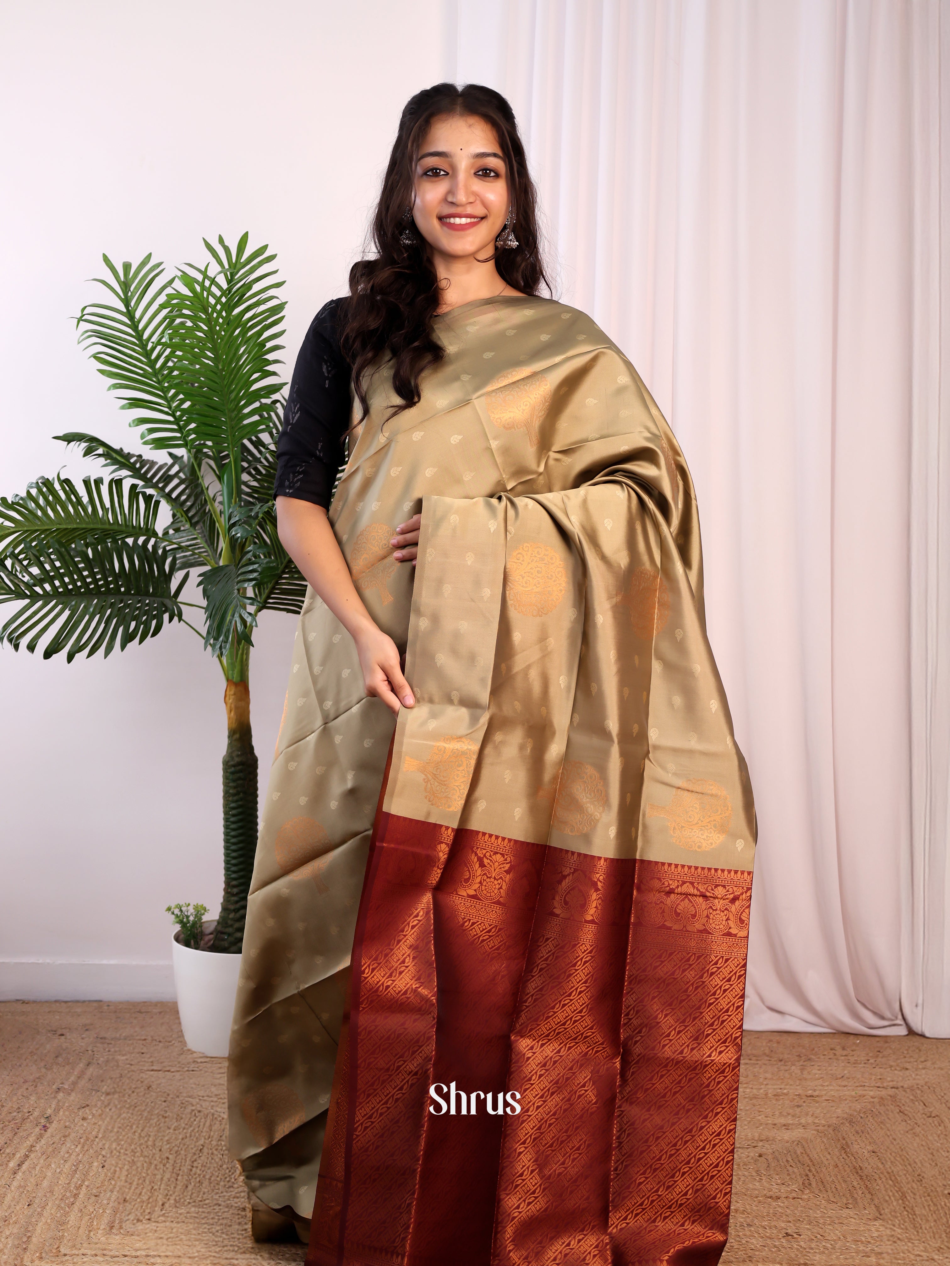 Beige & Maroon - Semi Softsilk Saree - Shop on Shrus.com