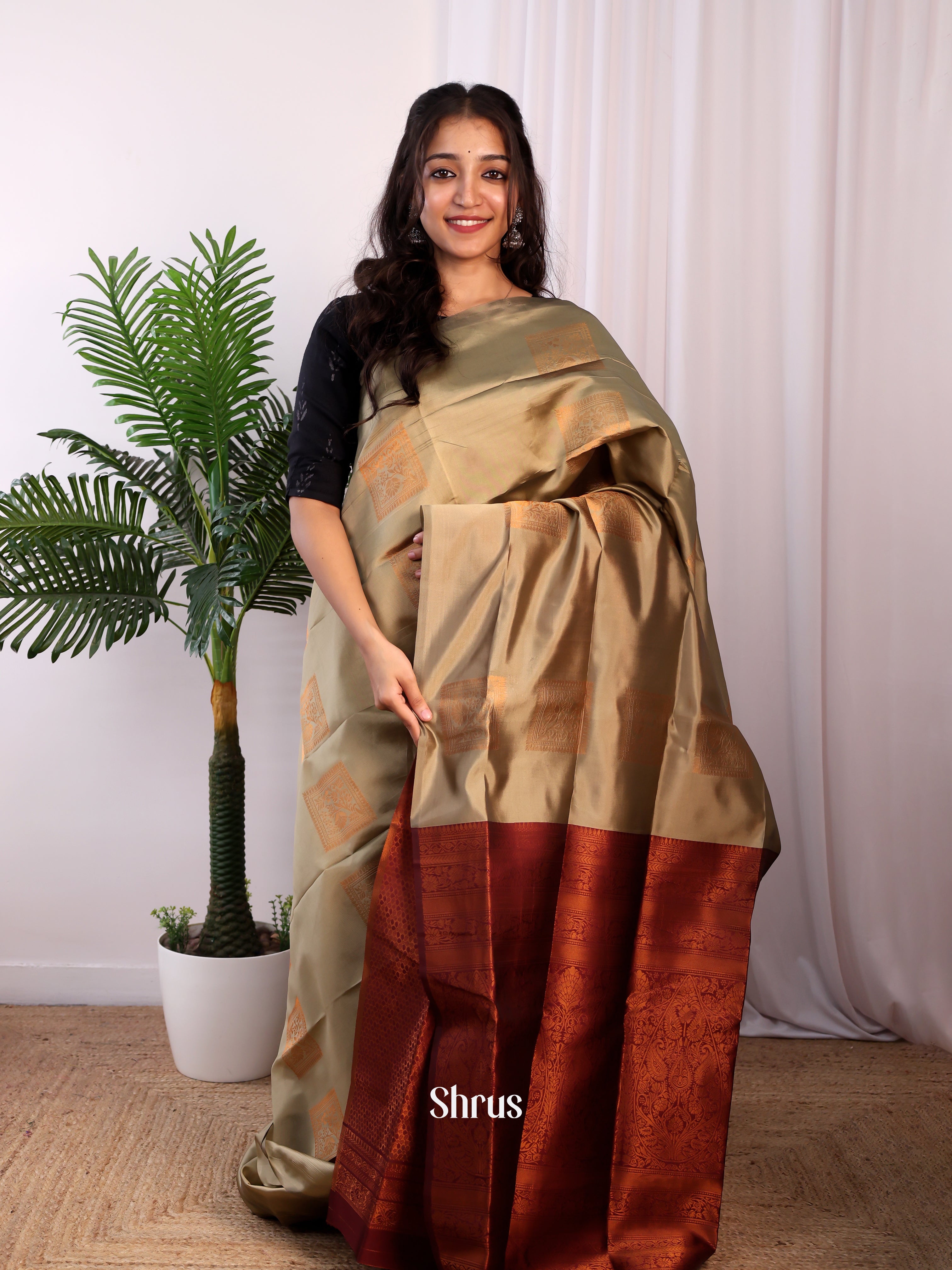 Beige & Maroon - Semi Softsilk Saree - Shop on Shrus.com