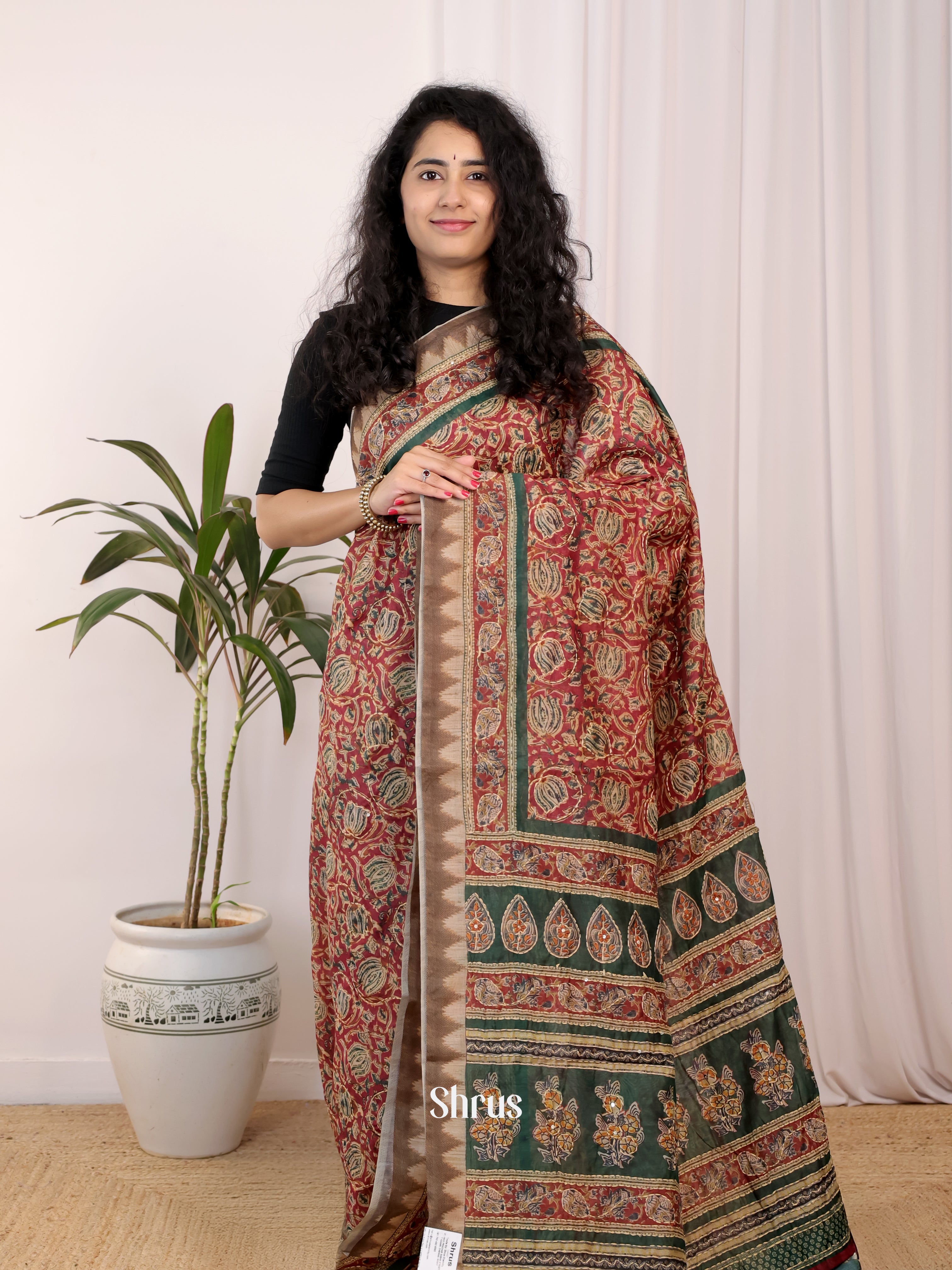 Brown & Green - Semi Kantha Saree - Shop on Shrus.com