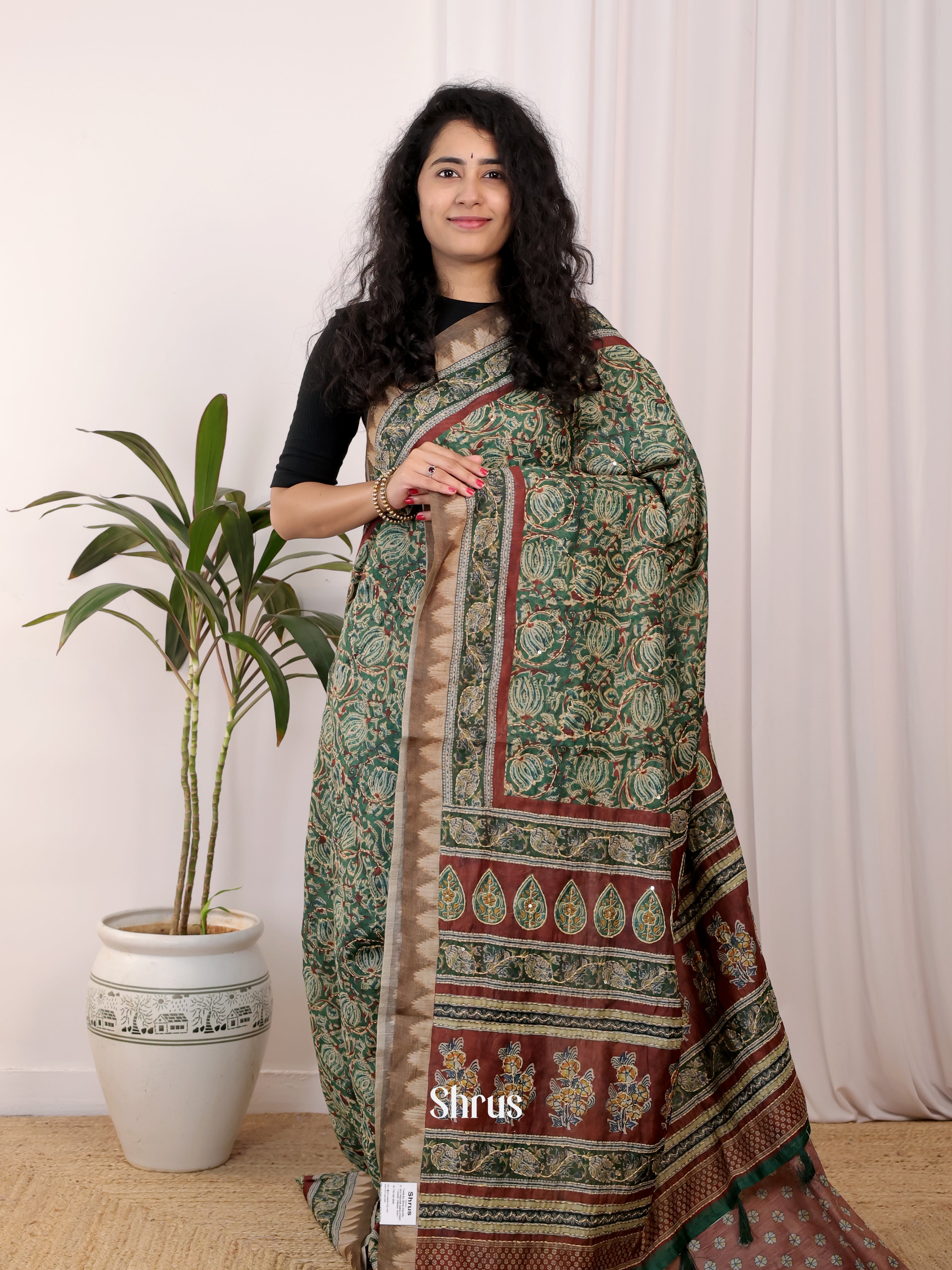 Green & Brown - Semi Kantha Saree - Shop on Shrus.com