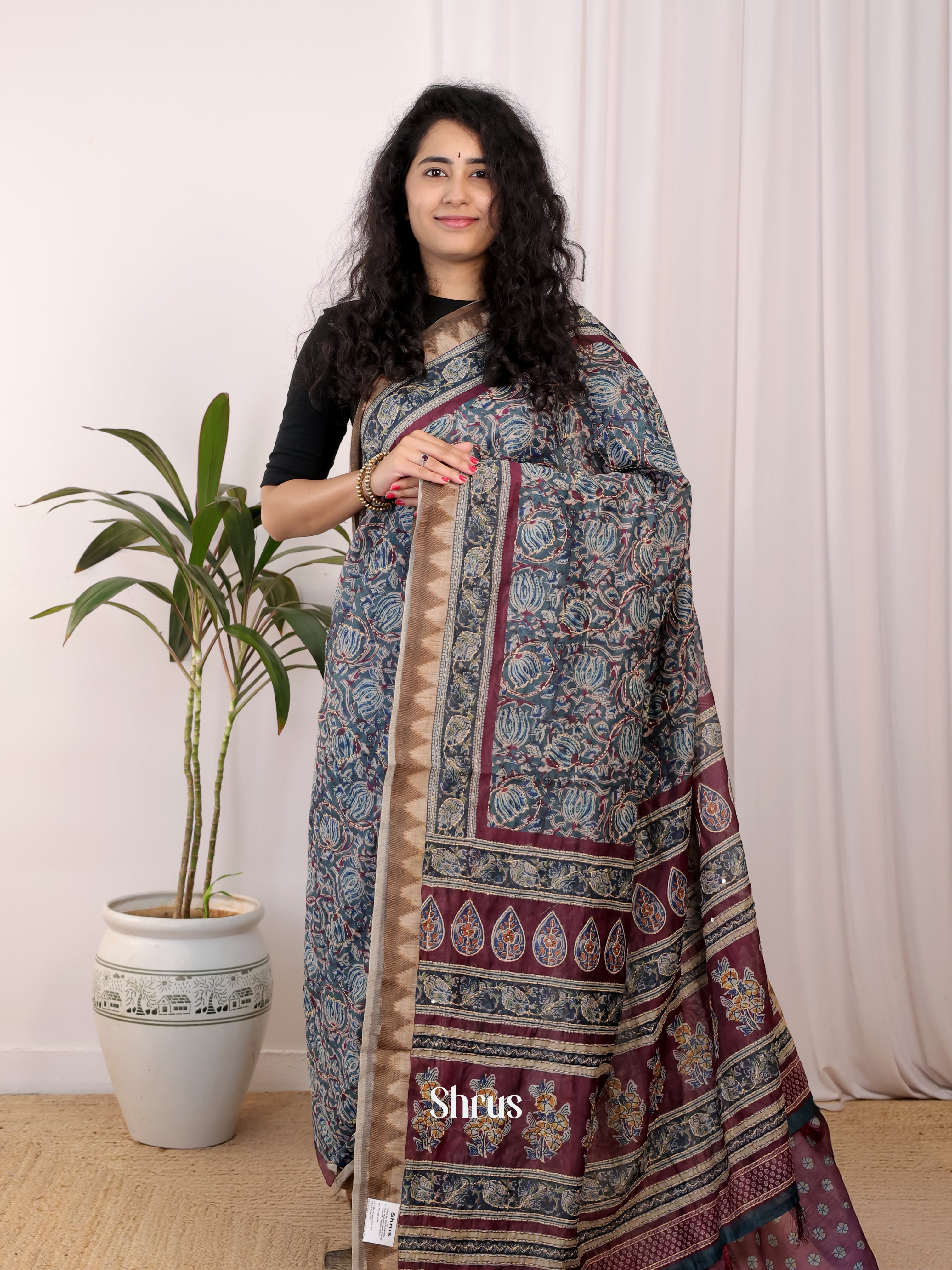 Blue & maroon - Semi Kantha Saree - Shop on Shrus.com
