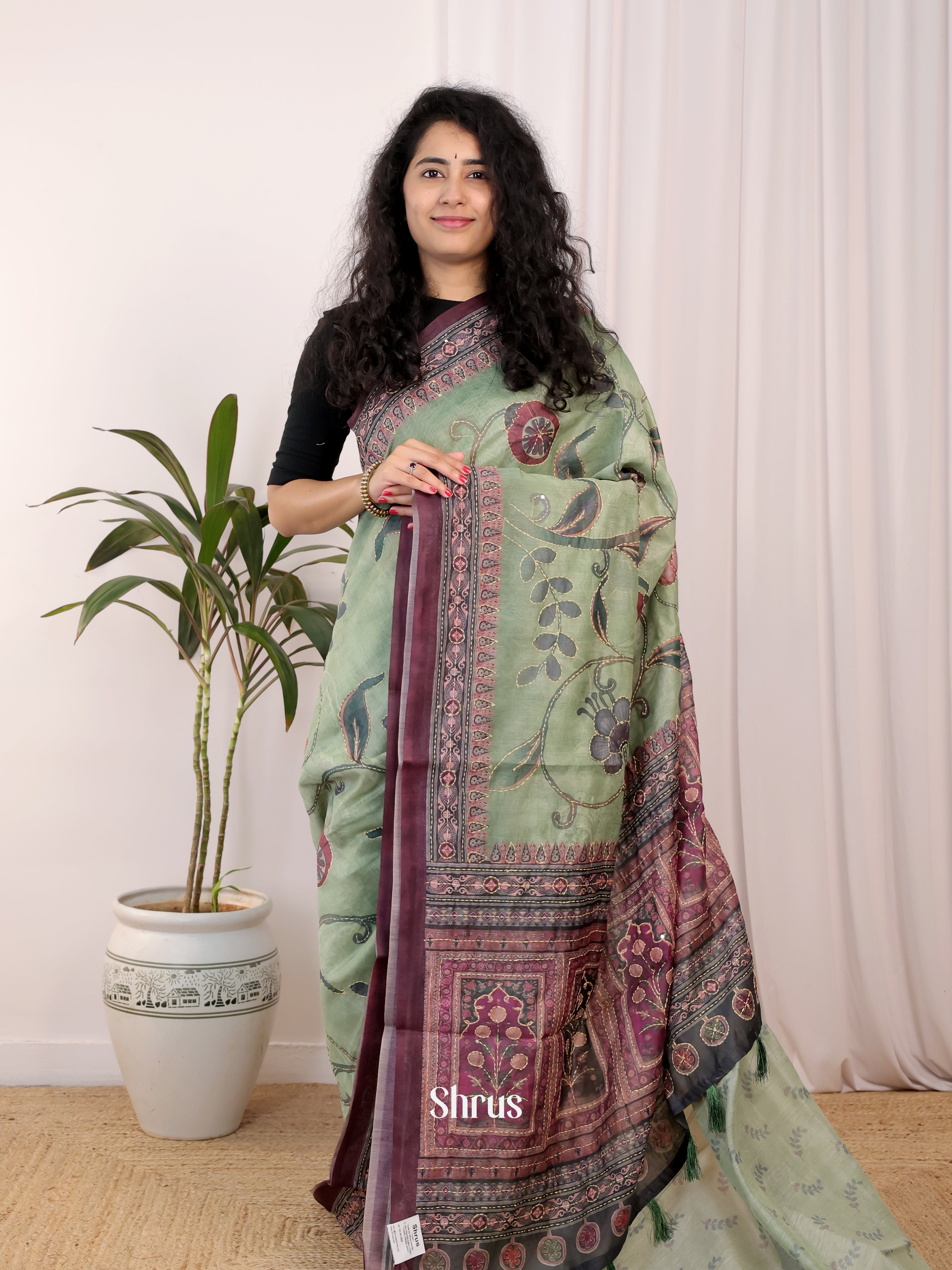 Green & Purple - Semi Kantha Saree - Shop on Shrus.com