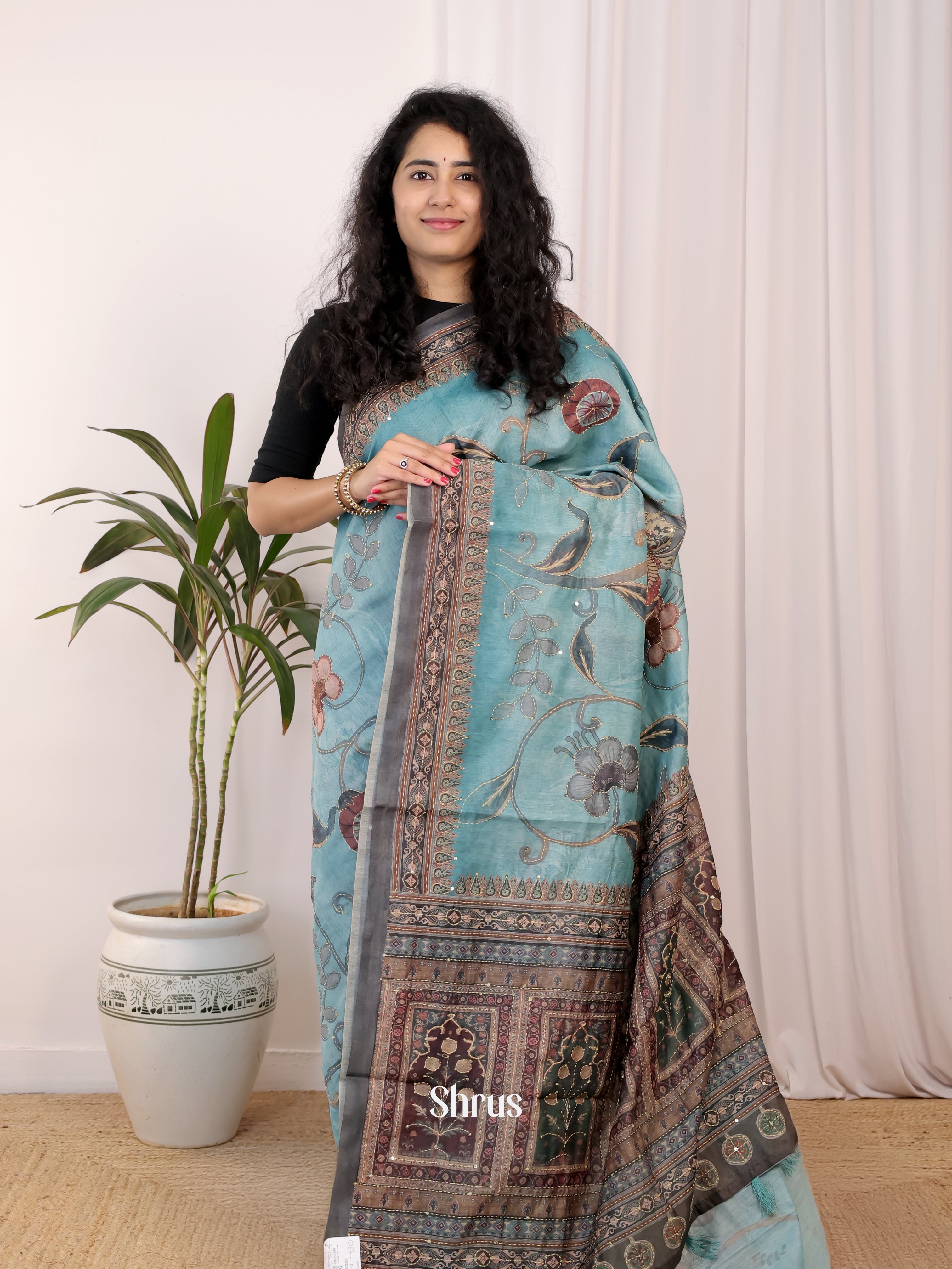 Blue & Grey- Semi Kantha Saree - Shop on Shrus.com