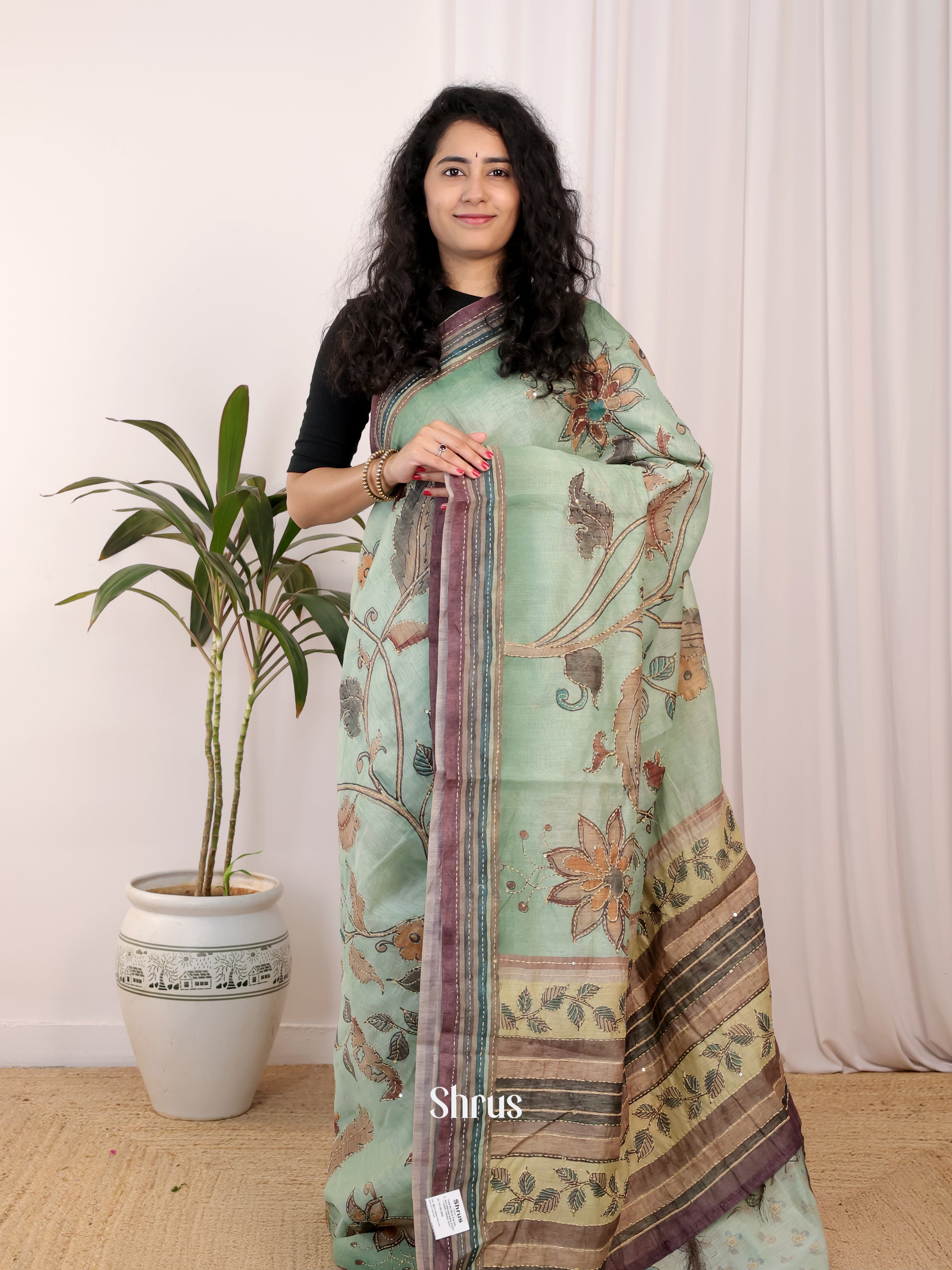 Green & Brown - Semi Kantha Saree - Shop on Shrus.com