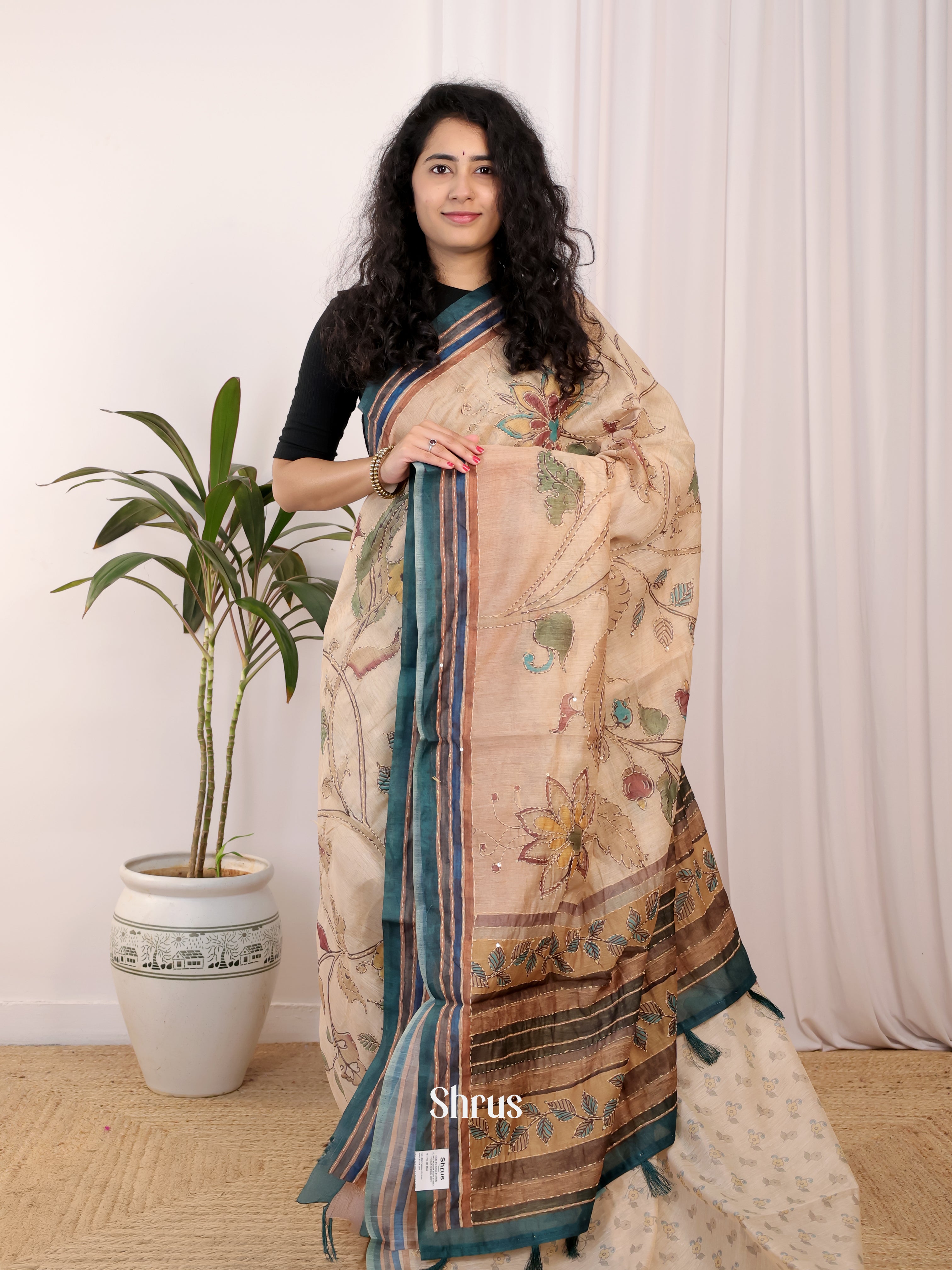 Peach & Blue - Semi Kantha Saree - Shop on Shrus.com