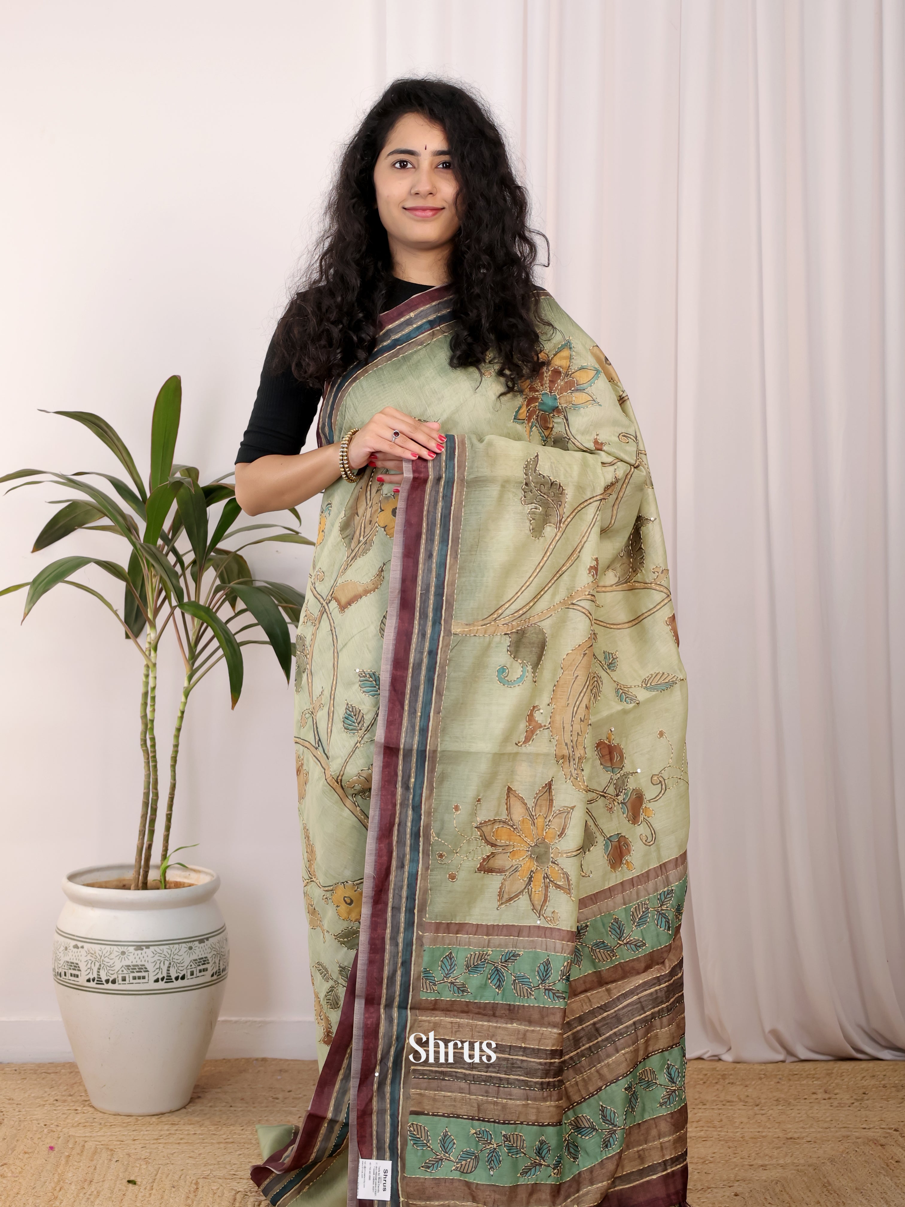 Green & Brown- Semi Kantha Saree - Shop on Shrus.com