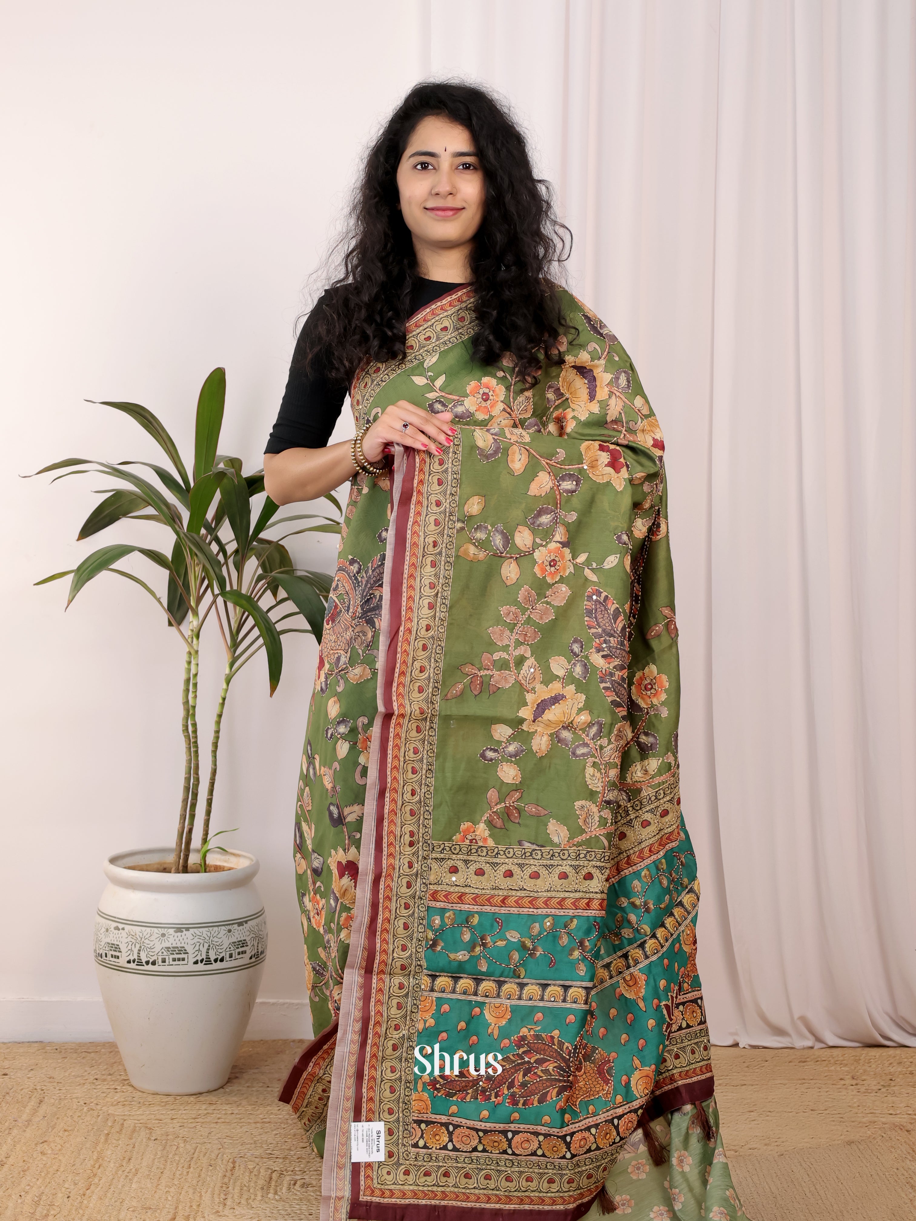 Green & Brown- Semi Kantha Saree - Shop on Shrus.com