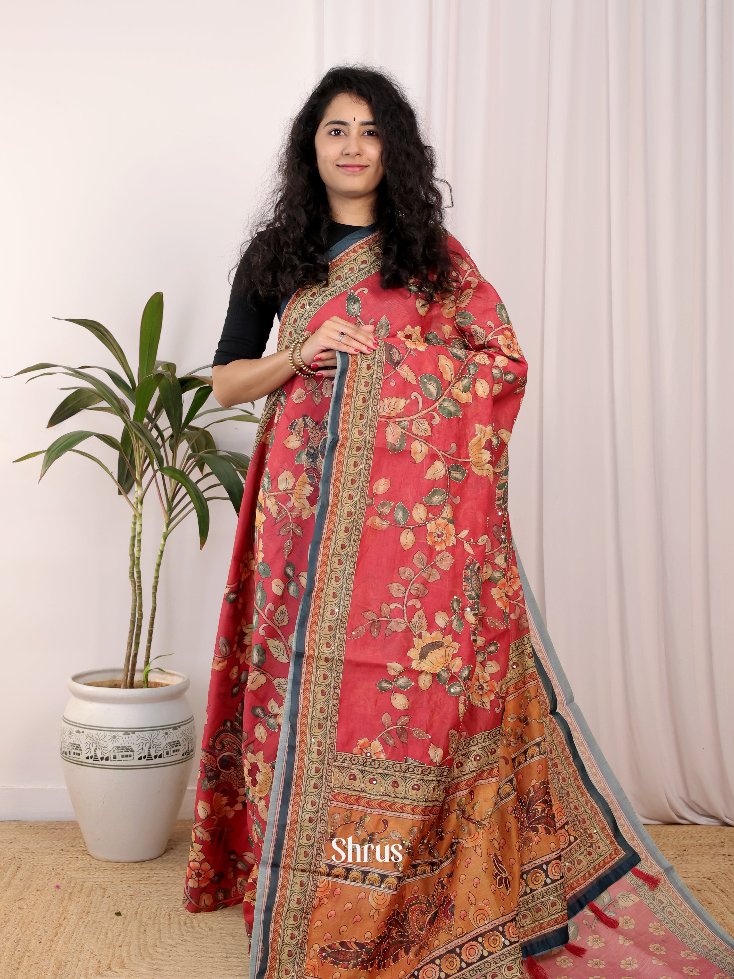 Red & Orange - Semi Kantha Saree - Shop on Shrus.com