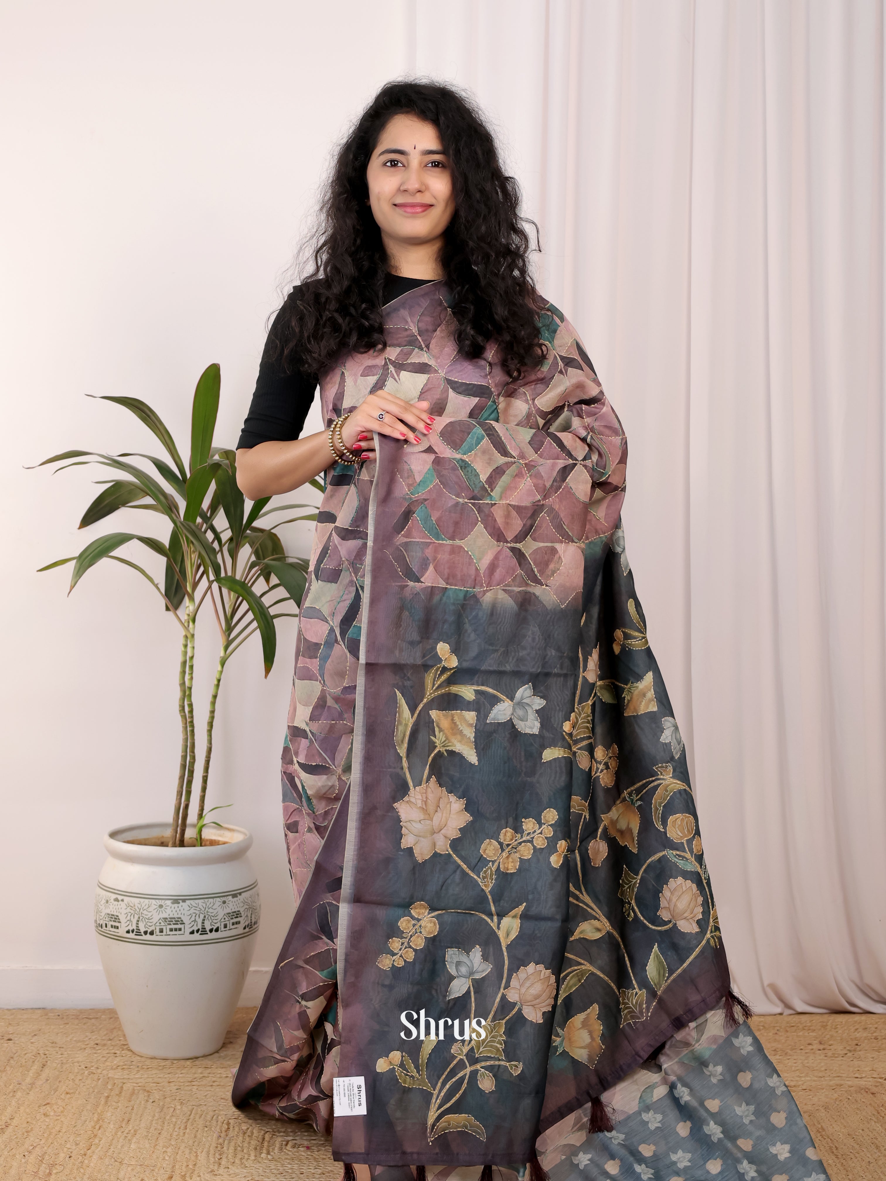 Purple & Blue - Semi Kantha saree - Shop on Shrus.com
