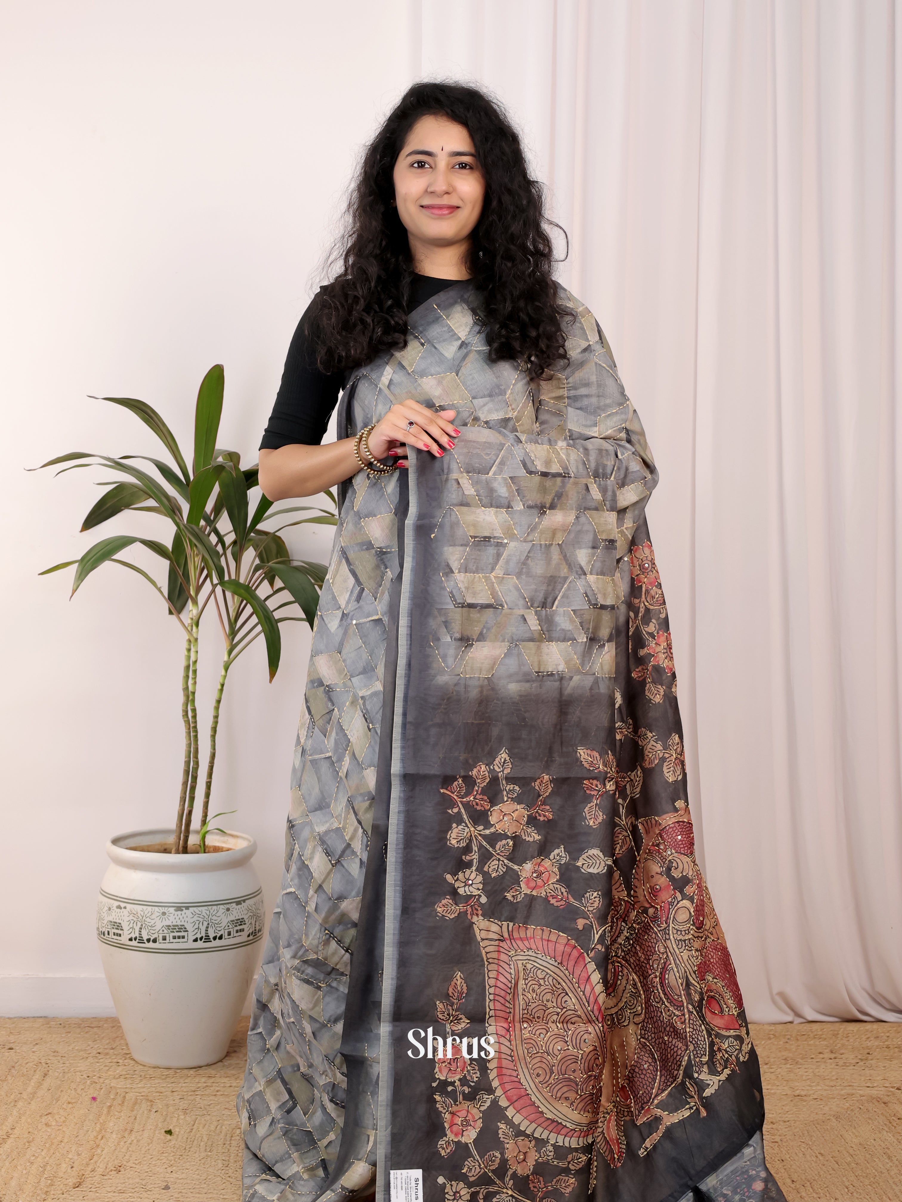 Grey- Semi Kantha Saree - Shop on Shrus.com