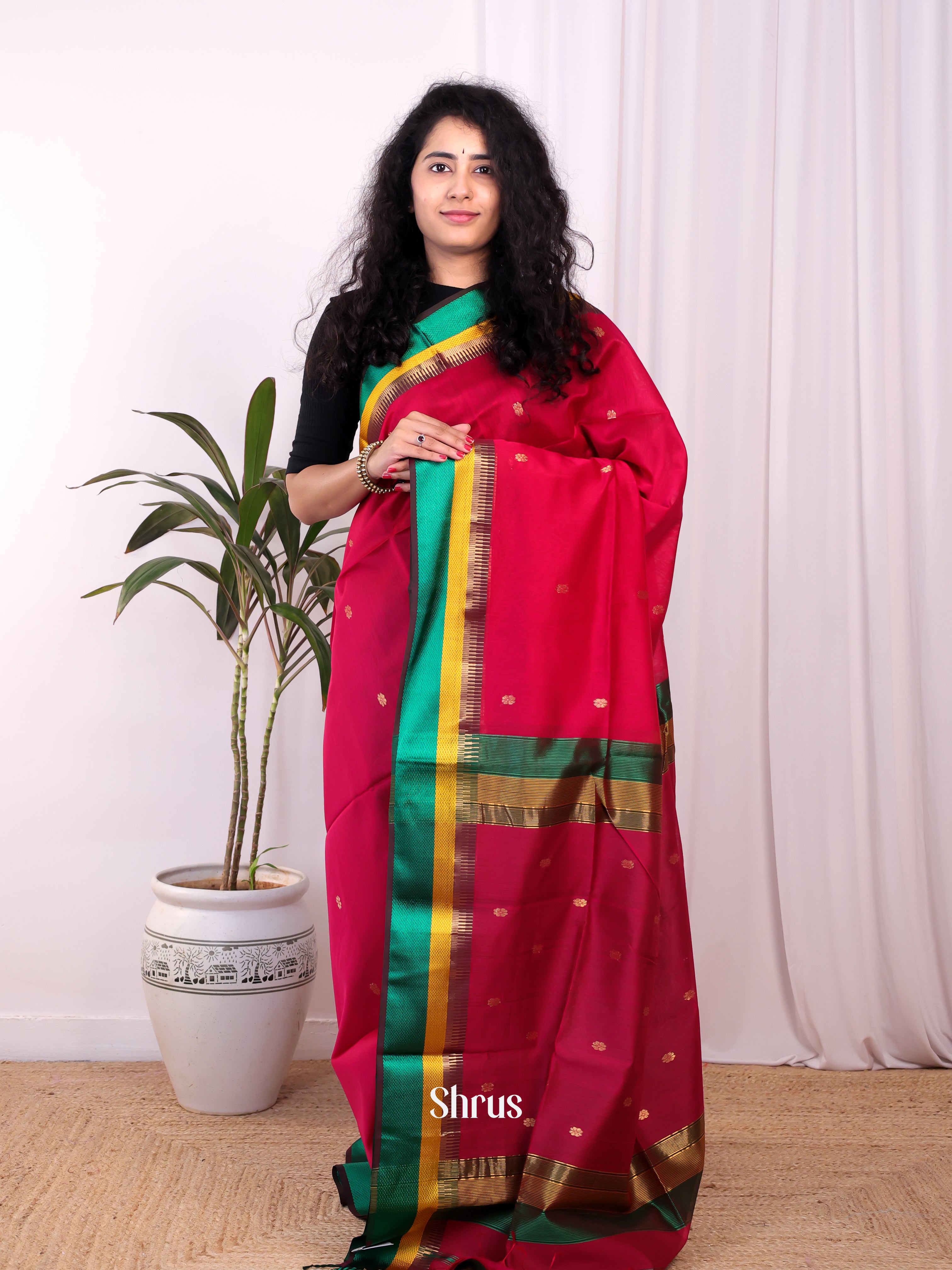 Red & Green - Maheshwari silkcotton Saree - Shop on Shrus.com