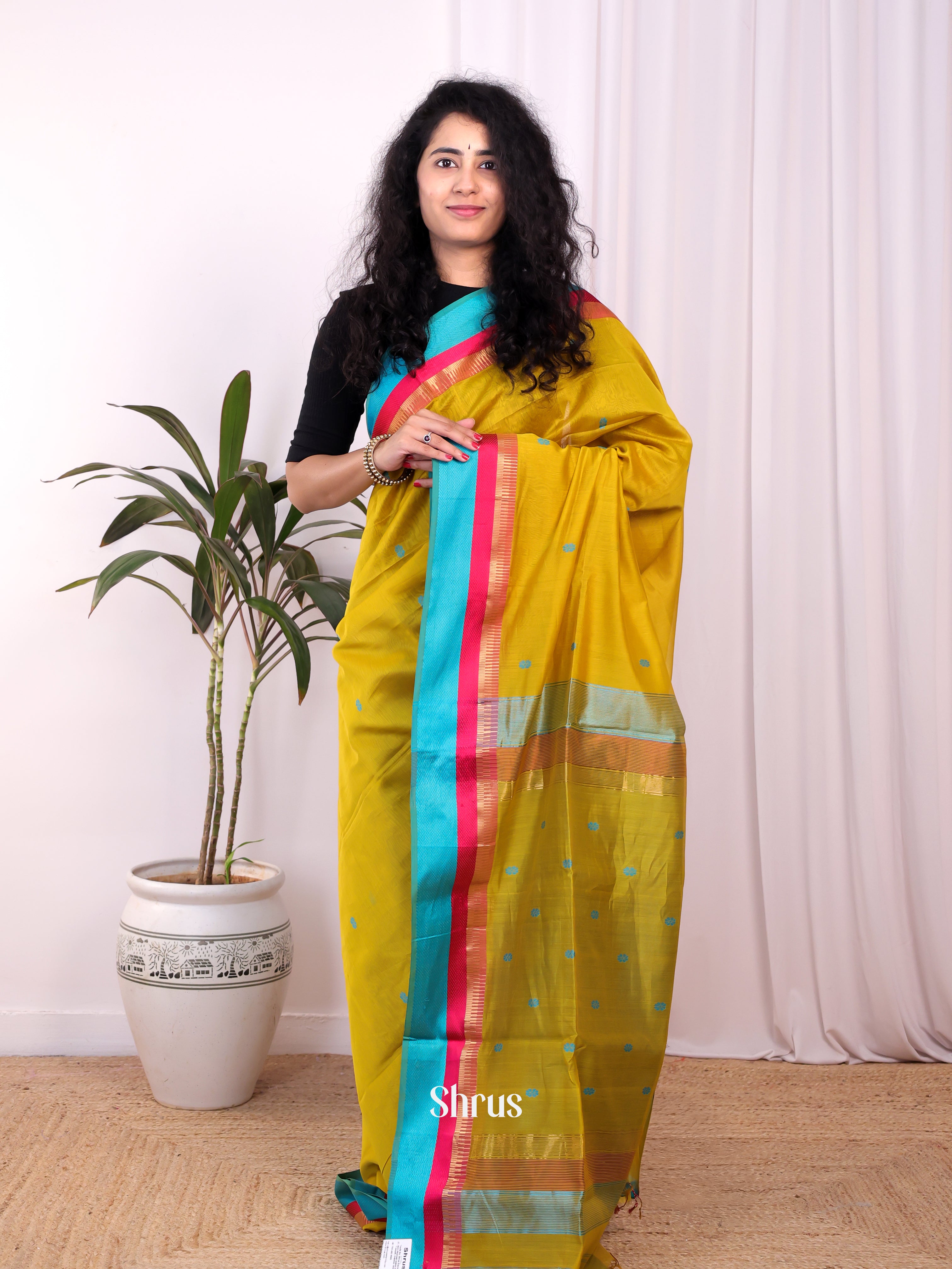 Green & Blue - Maheshwari silkcotton Saree - Shop on Shrus.com