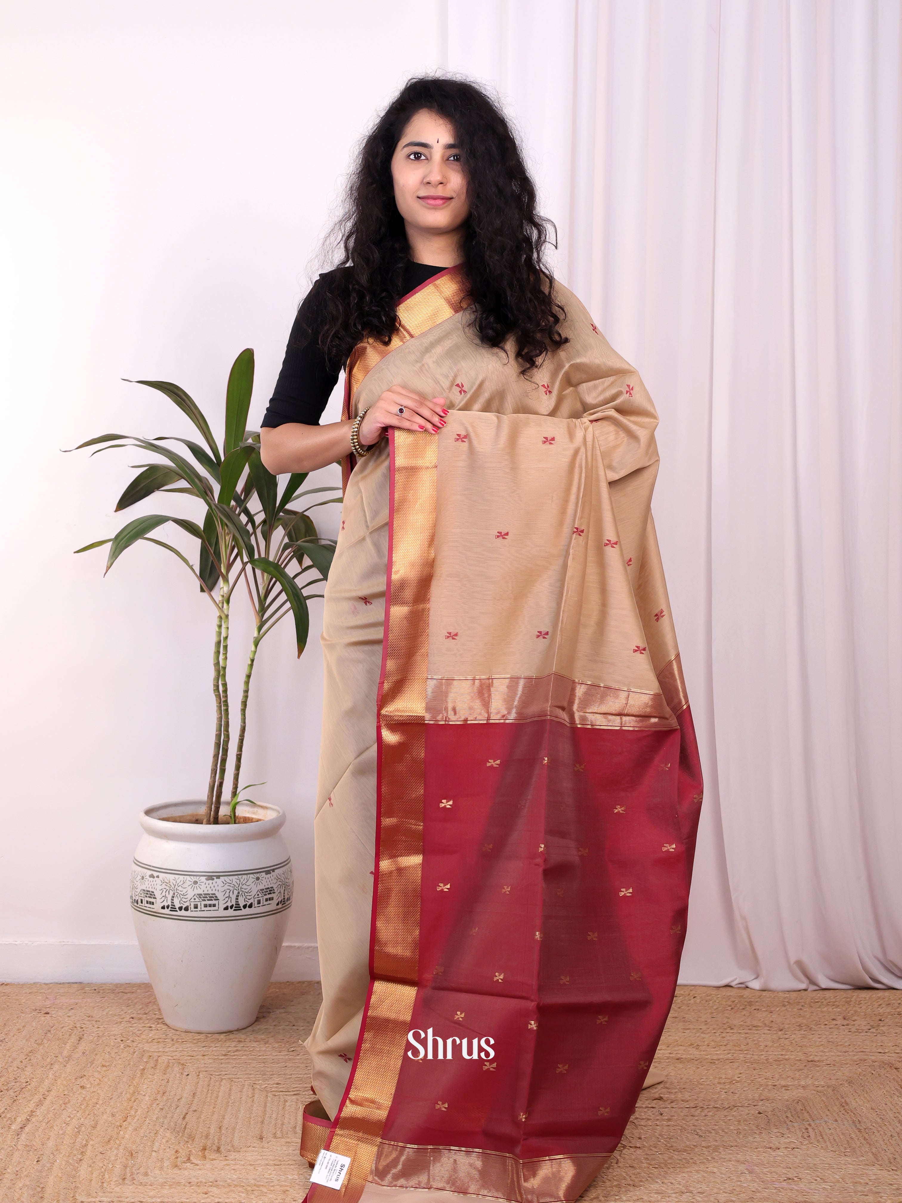 Beige & Maroon - Maheshwari silkcotton Saree - Shop on Shrus.com