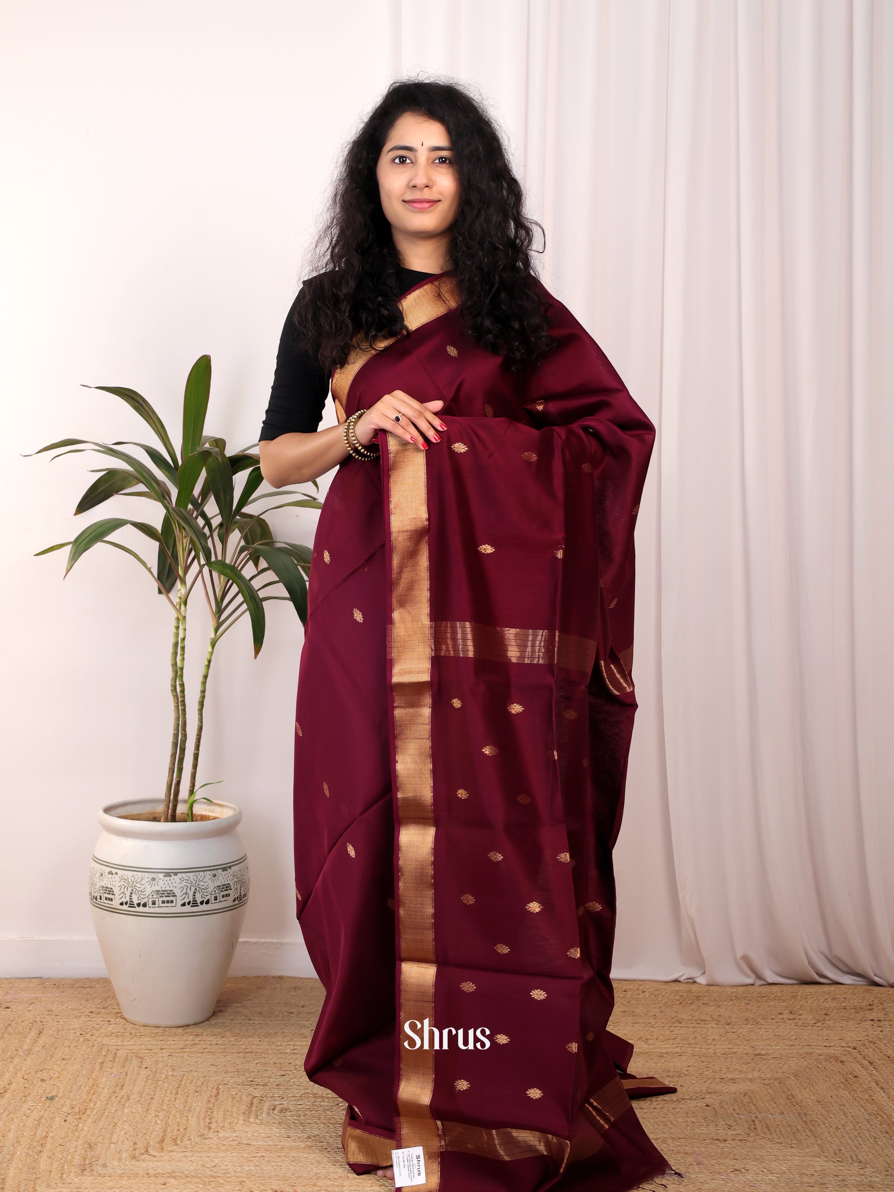 Maroon - Maheshwari silkcotton Saree - Shop on Shrus.com
