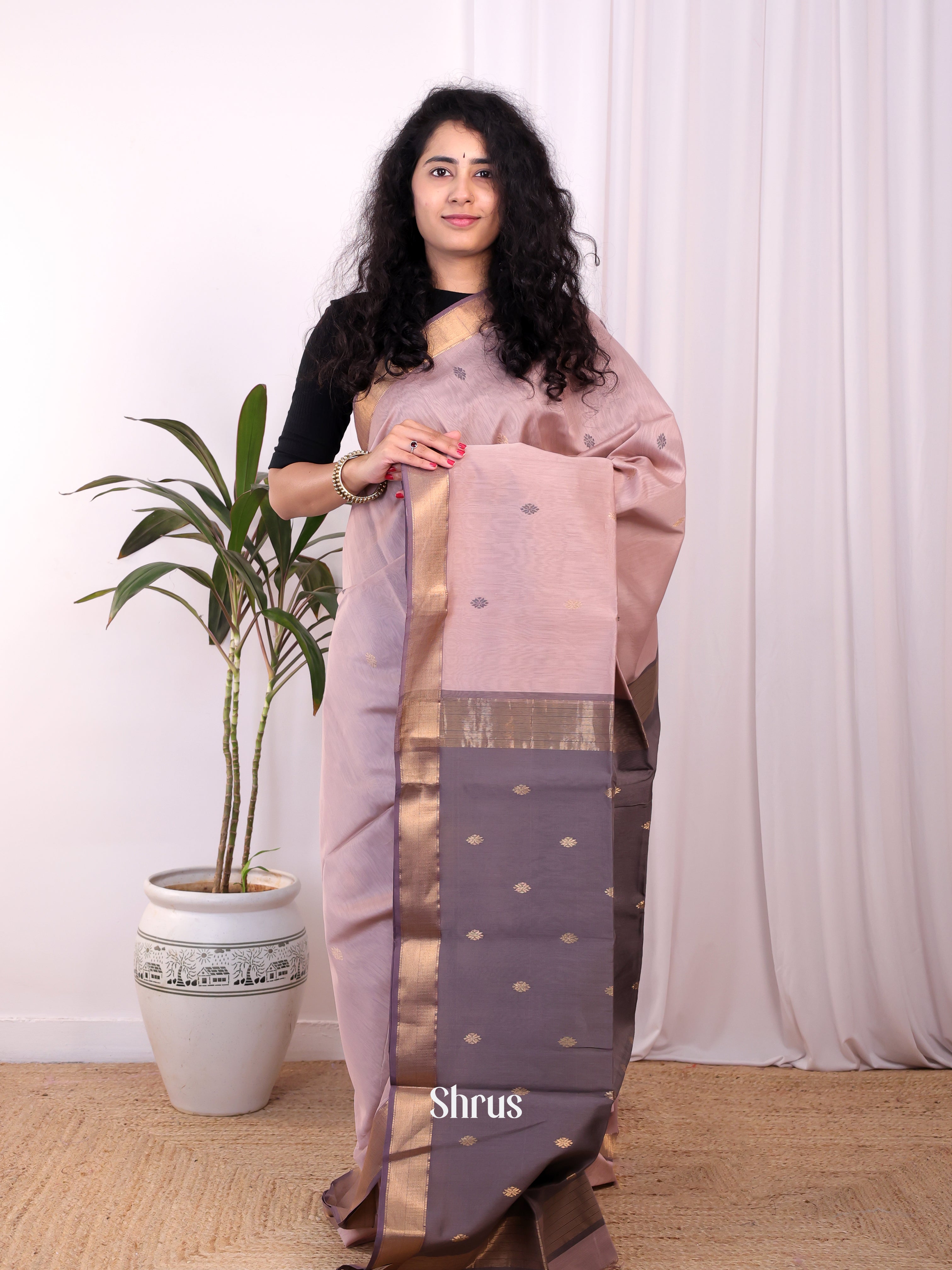 Mild Purple & Grey - Maheshwari silkcotton Saree - Shop on Shrus.com