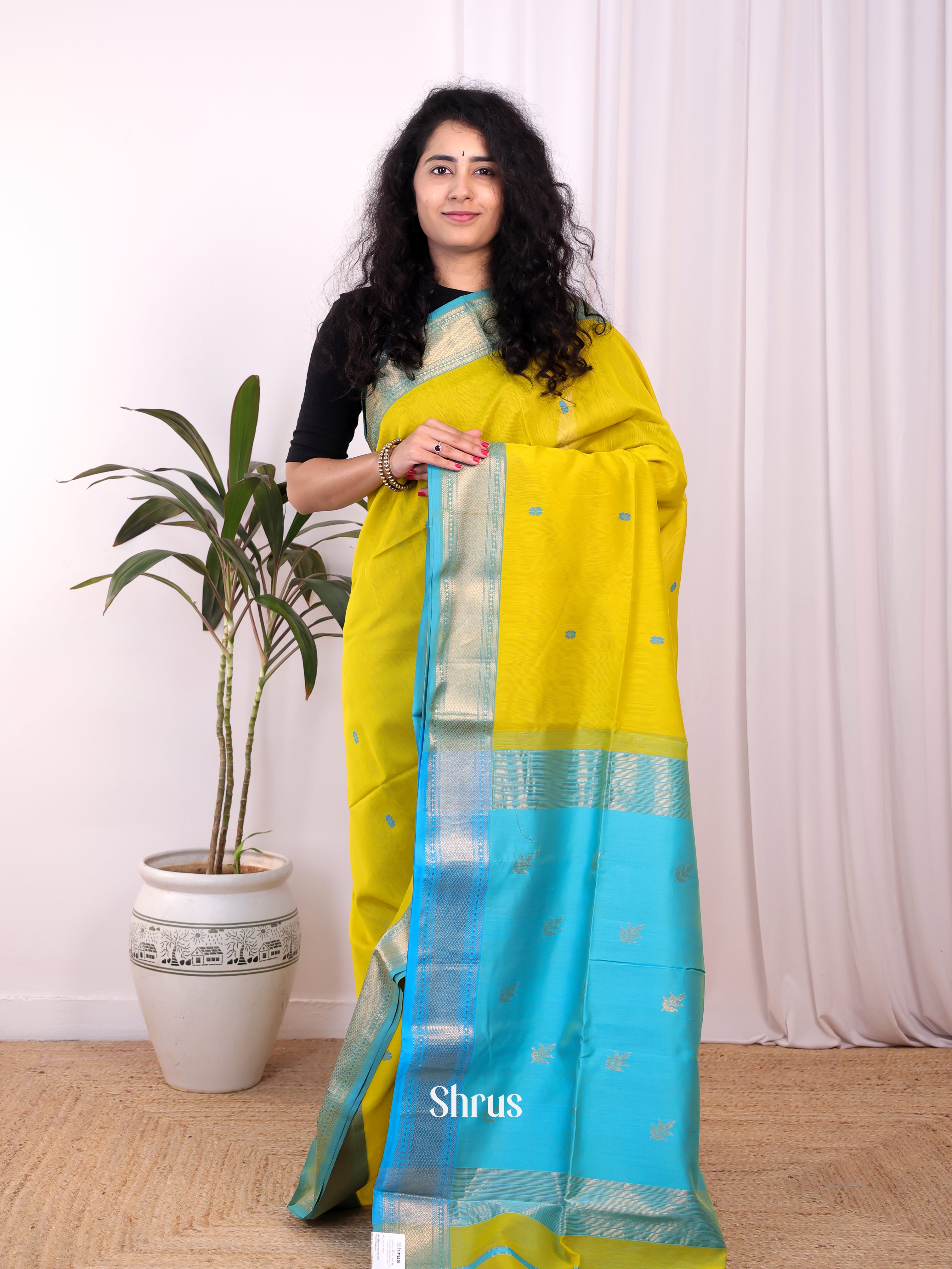 Mustardy Green & Teal- Maheshwari silkcotton Saree - Shop on Shrus.com