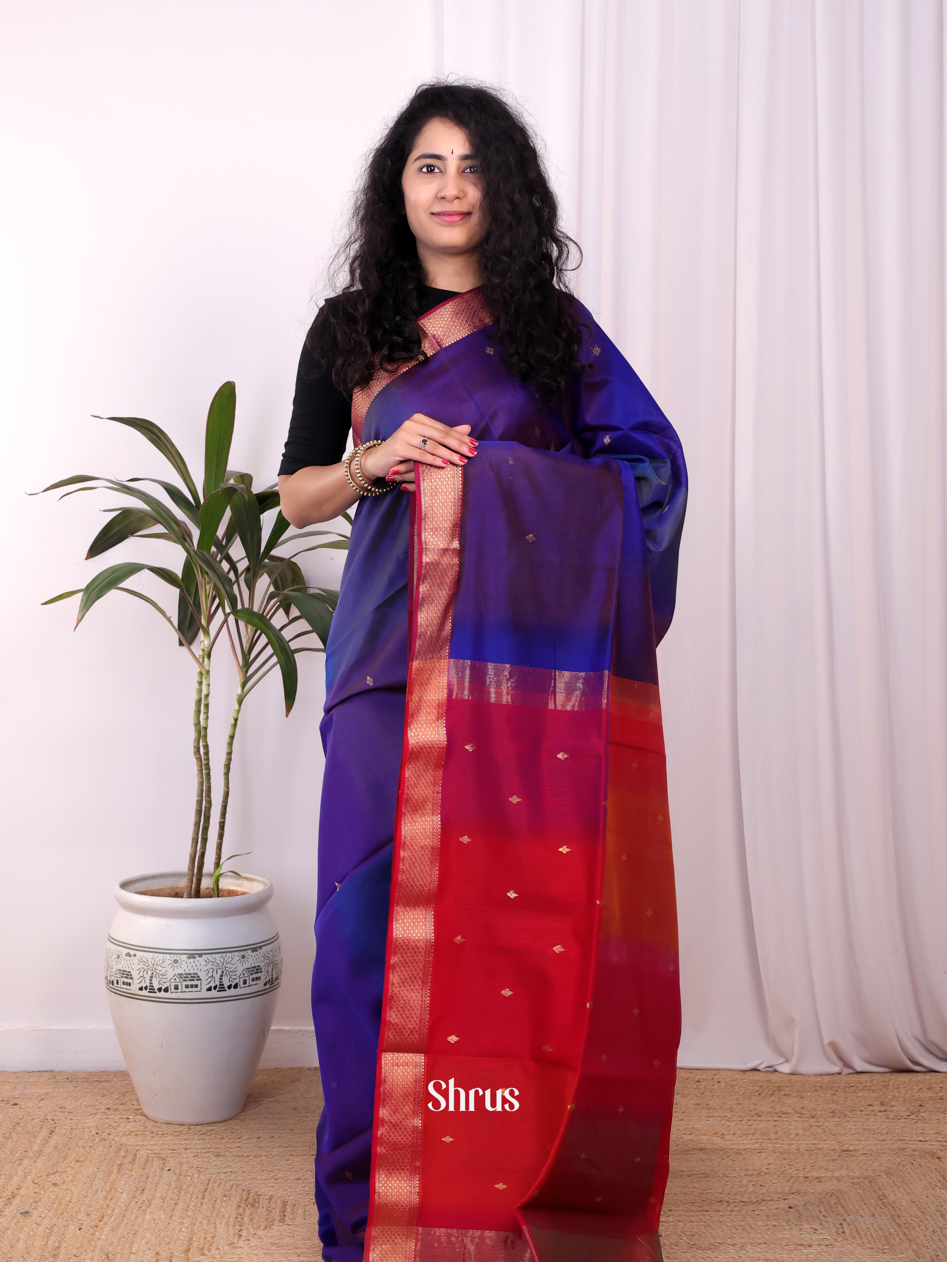 Blue & Red- Maheshwari silkcotton Saree - Shop on Shrus.com