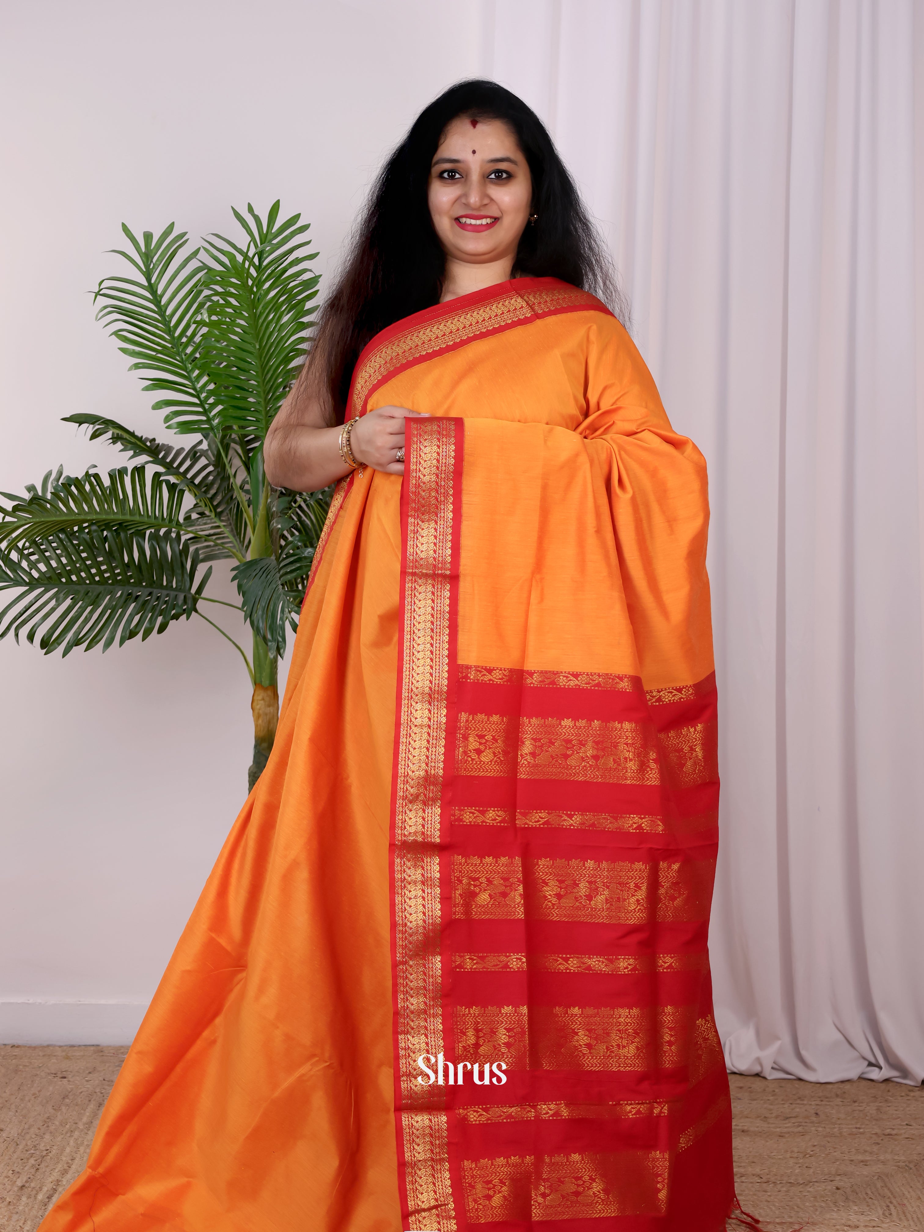 Mustard & Red- Kalyani Cotton Saree - Shop on Shrus.com