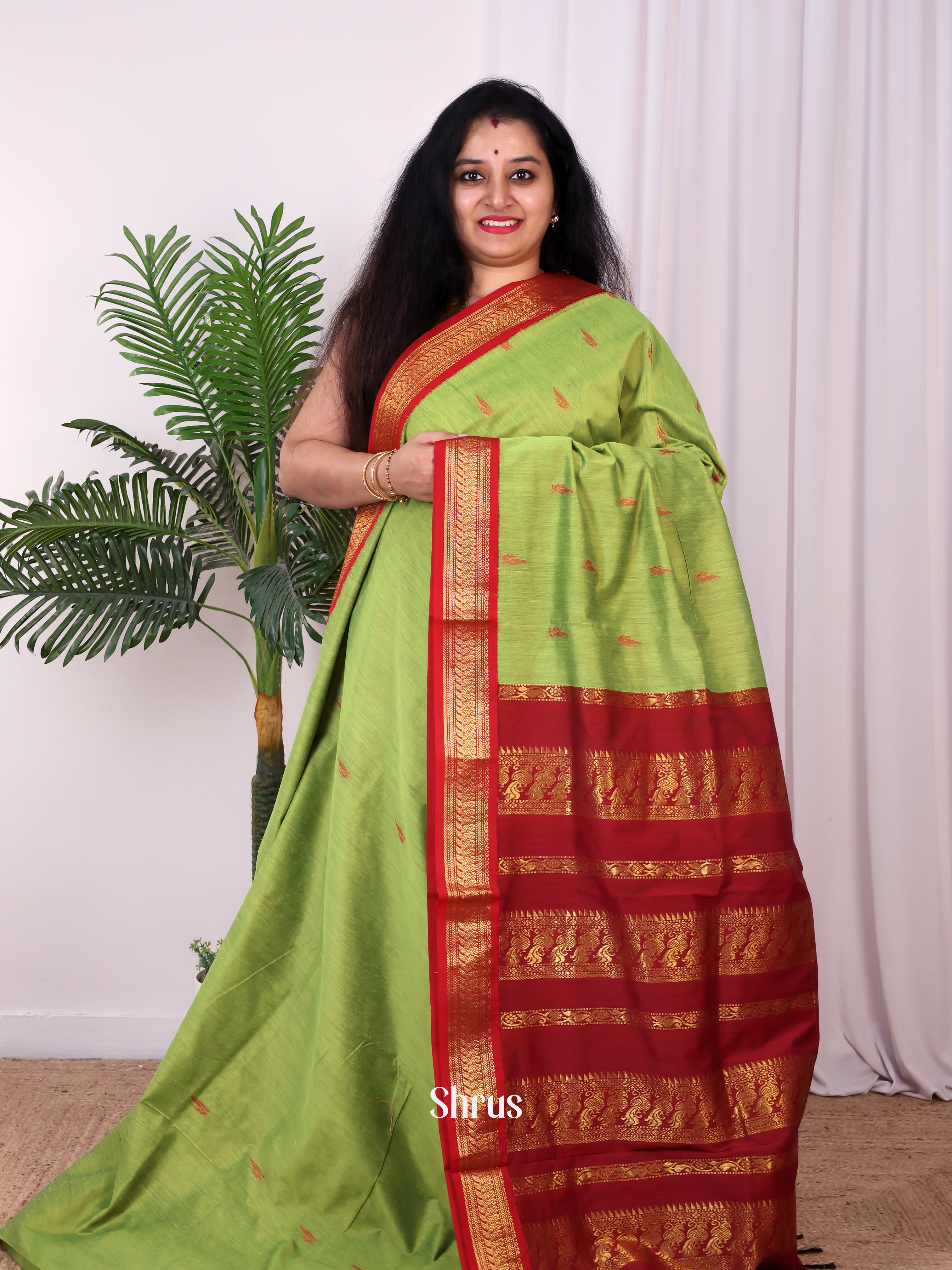 Green & Red - Kalyani Cotton Saree - Shop on Shrus.com