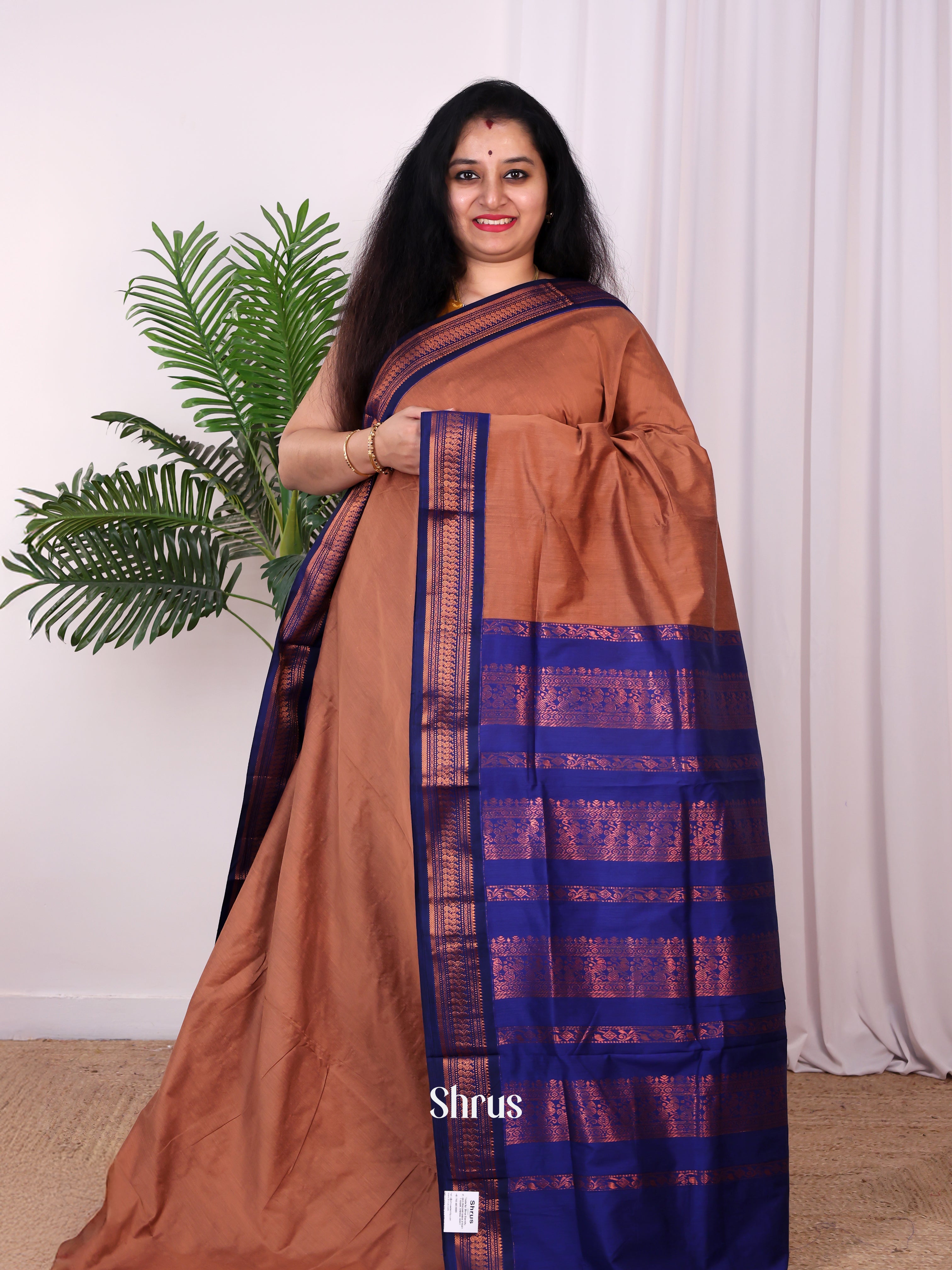 Brown & Blue- Kalyani Cotton Saree - Shop on Shrus.com