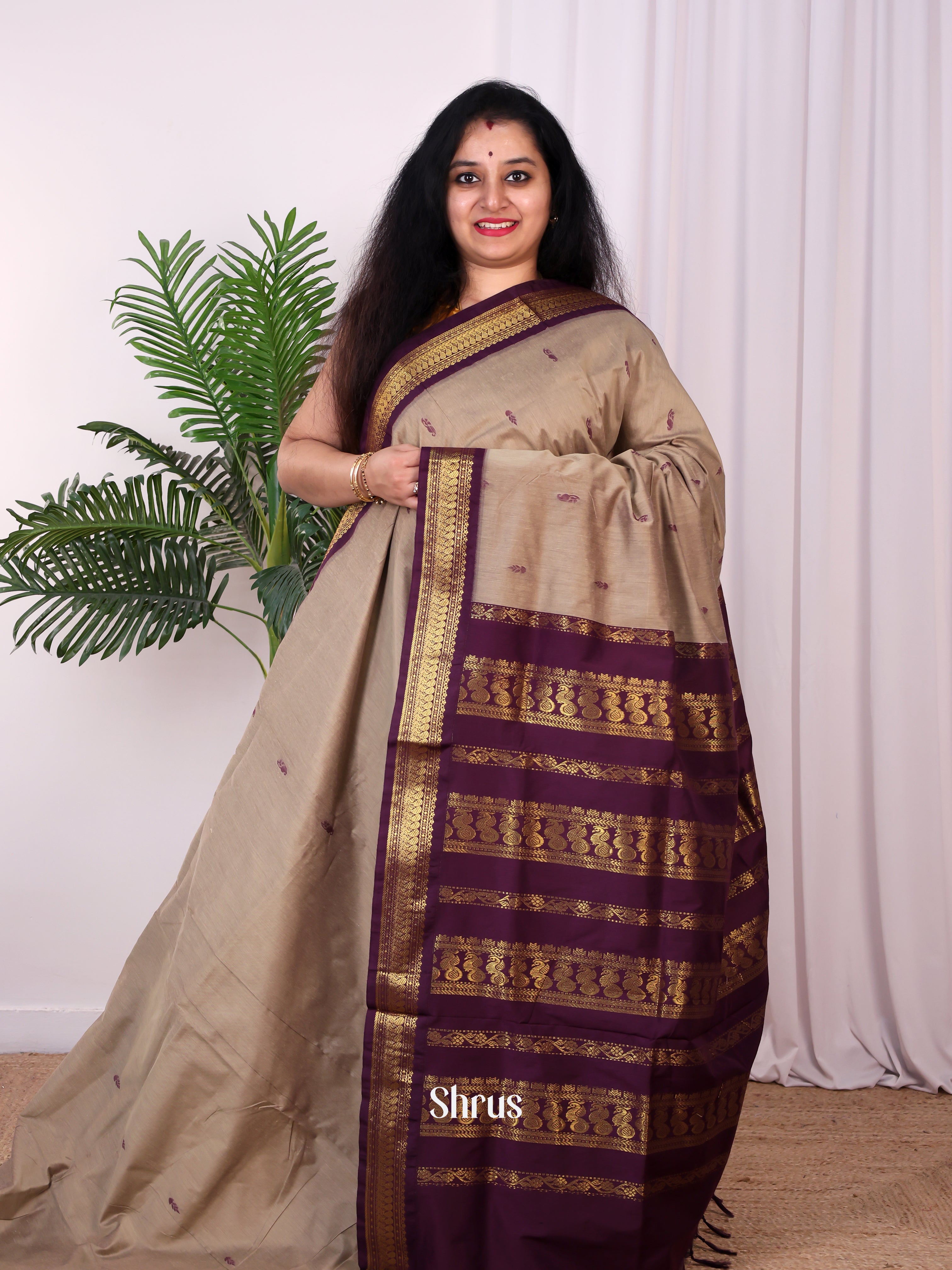 Beige & Violet - Kalyani Cotton Saree - Shop on Shrus.com