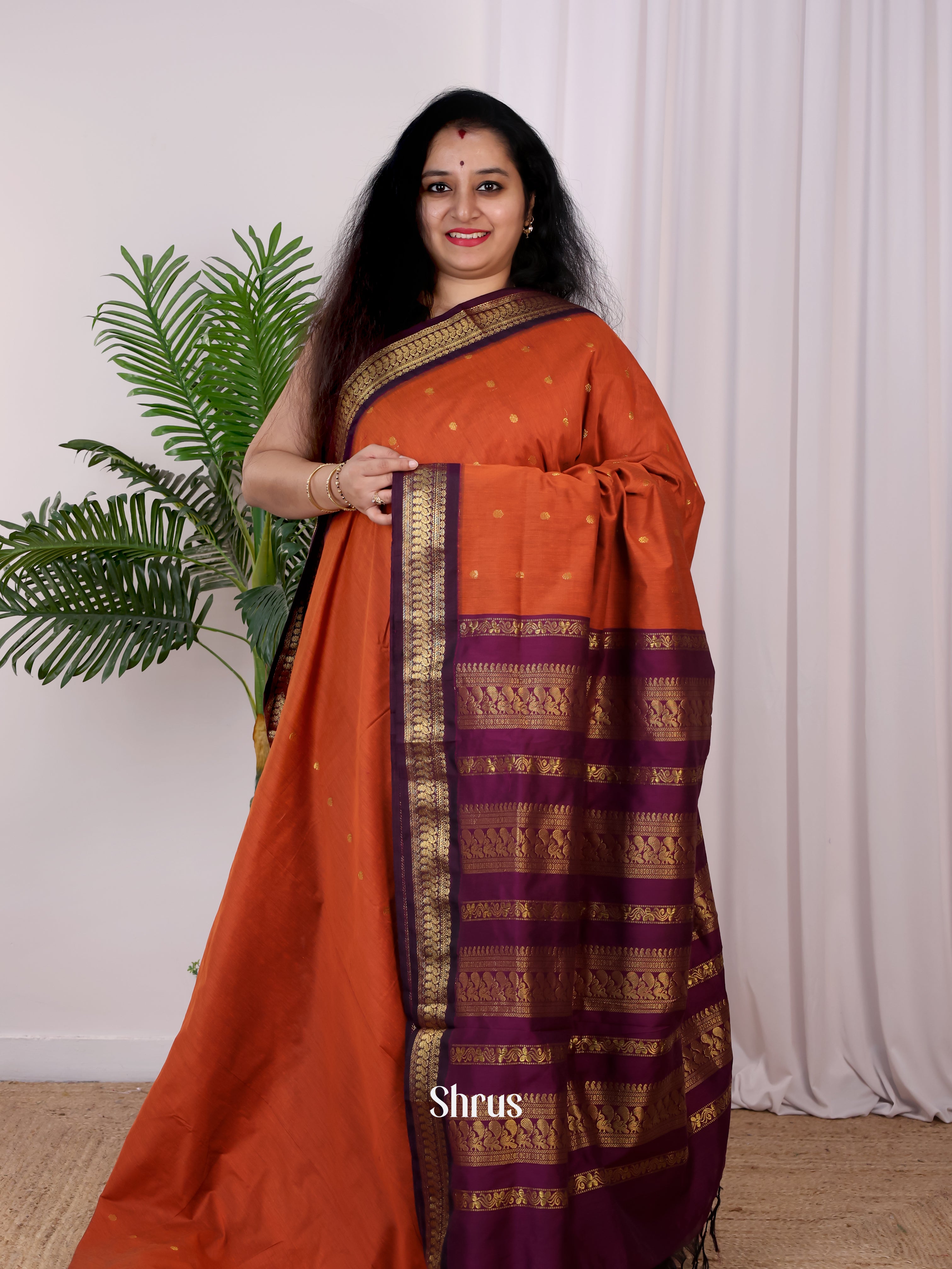 Orange & Purple- Kalyani Cotton Saree - Shop on Shrus.com