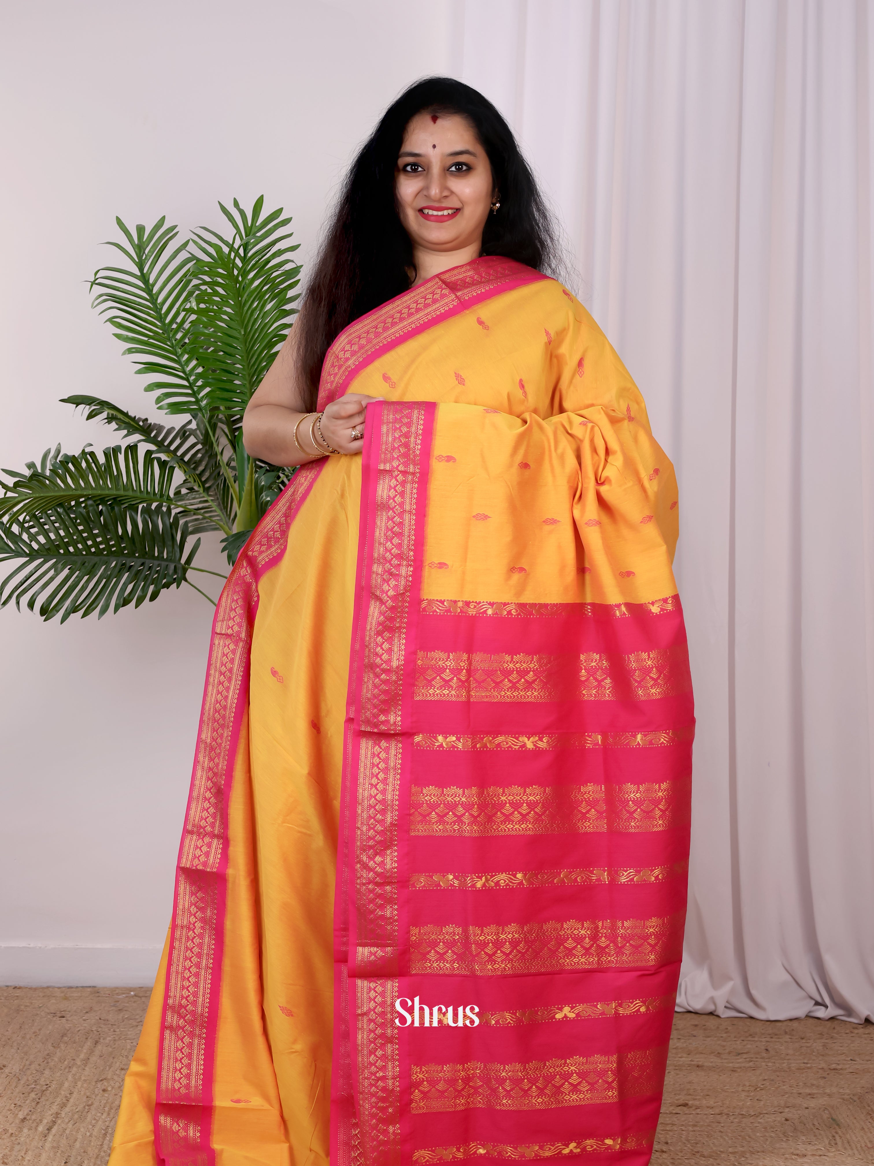Yellow & Pink - Kalyani Cotton Saree - Shop on Shrus.com