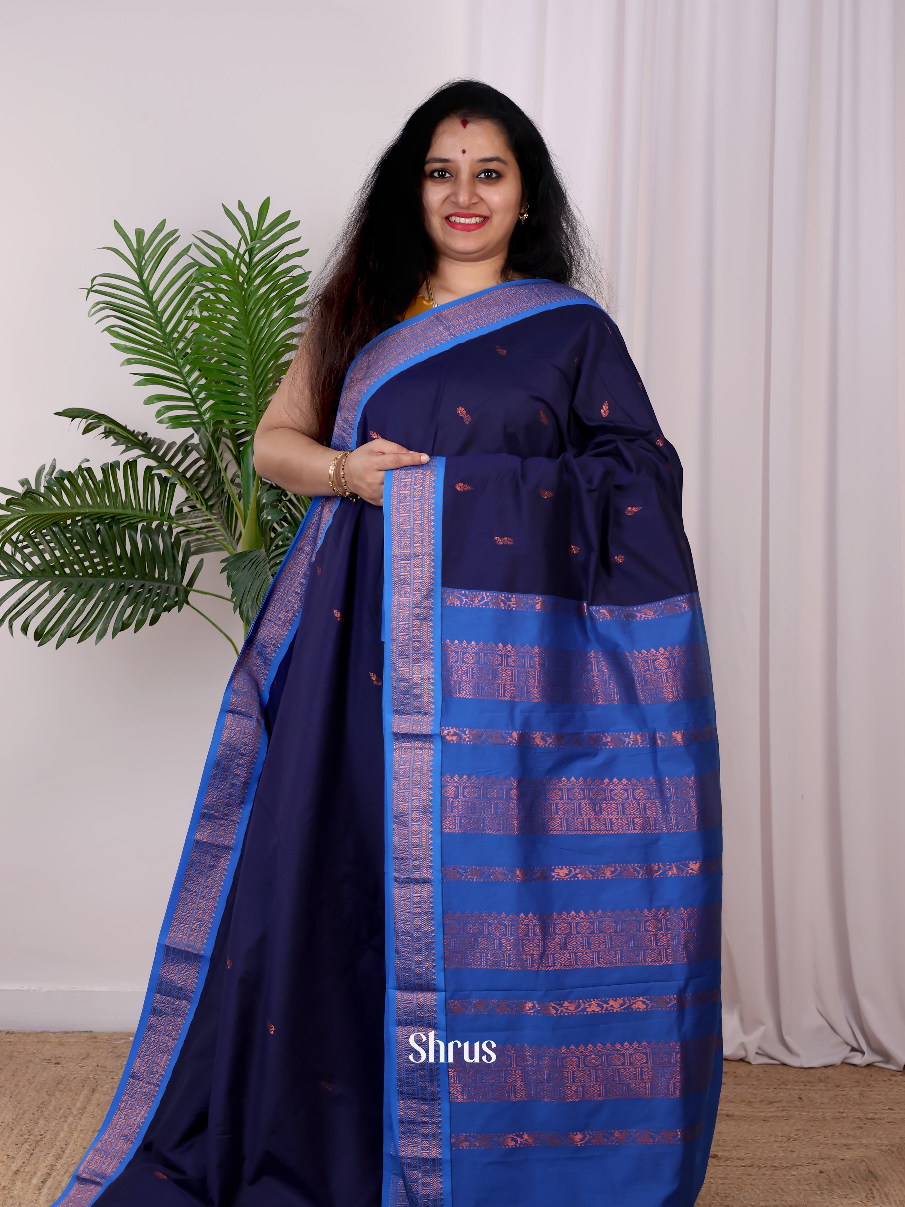 Navy Blue & Blue - Kalyani Cotton Saree - Shop on Shrus.com