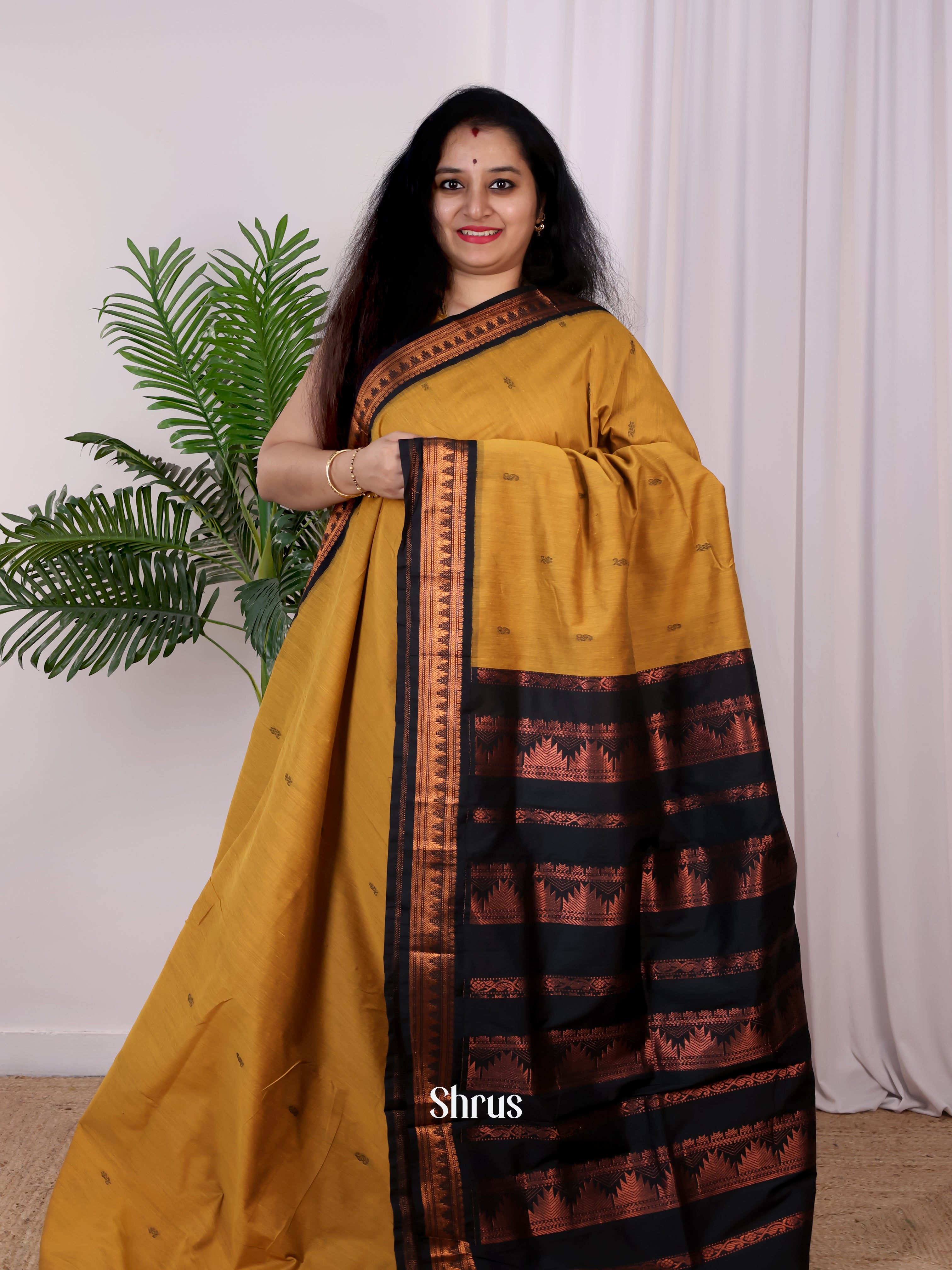 Mustard & Black - Kalyani Cotton Saree - Shop on Shrus.com