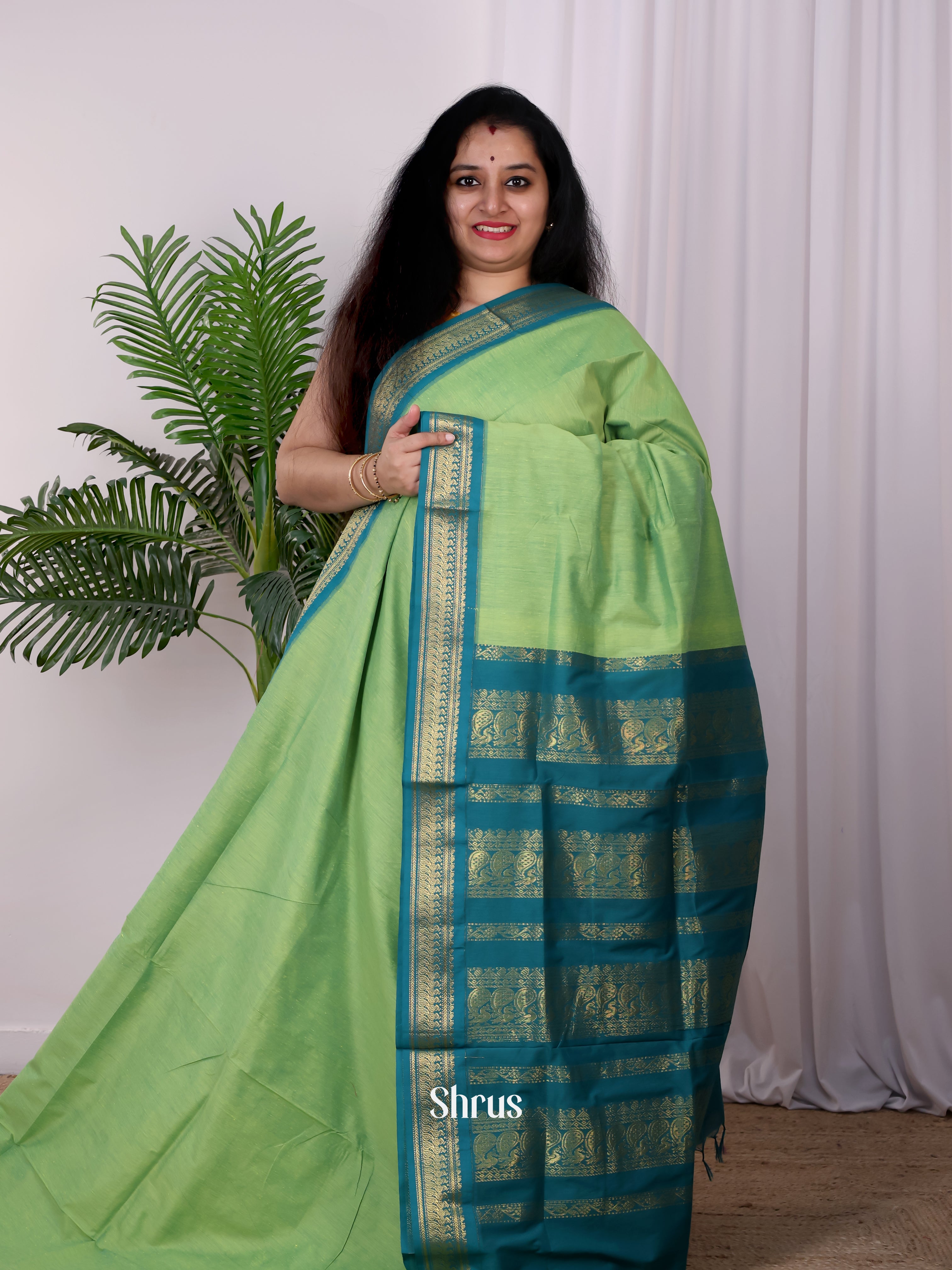 Pista Green & Green- Kalyani Cotton Saree - Shop on Shrus.com