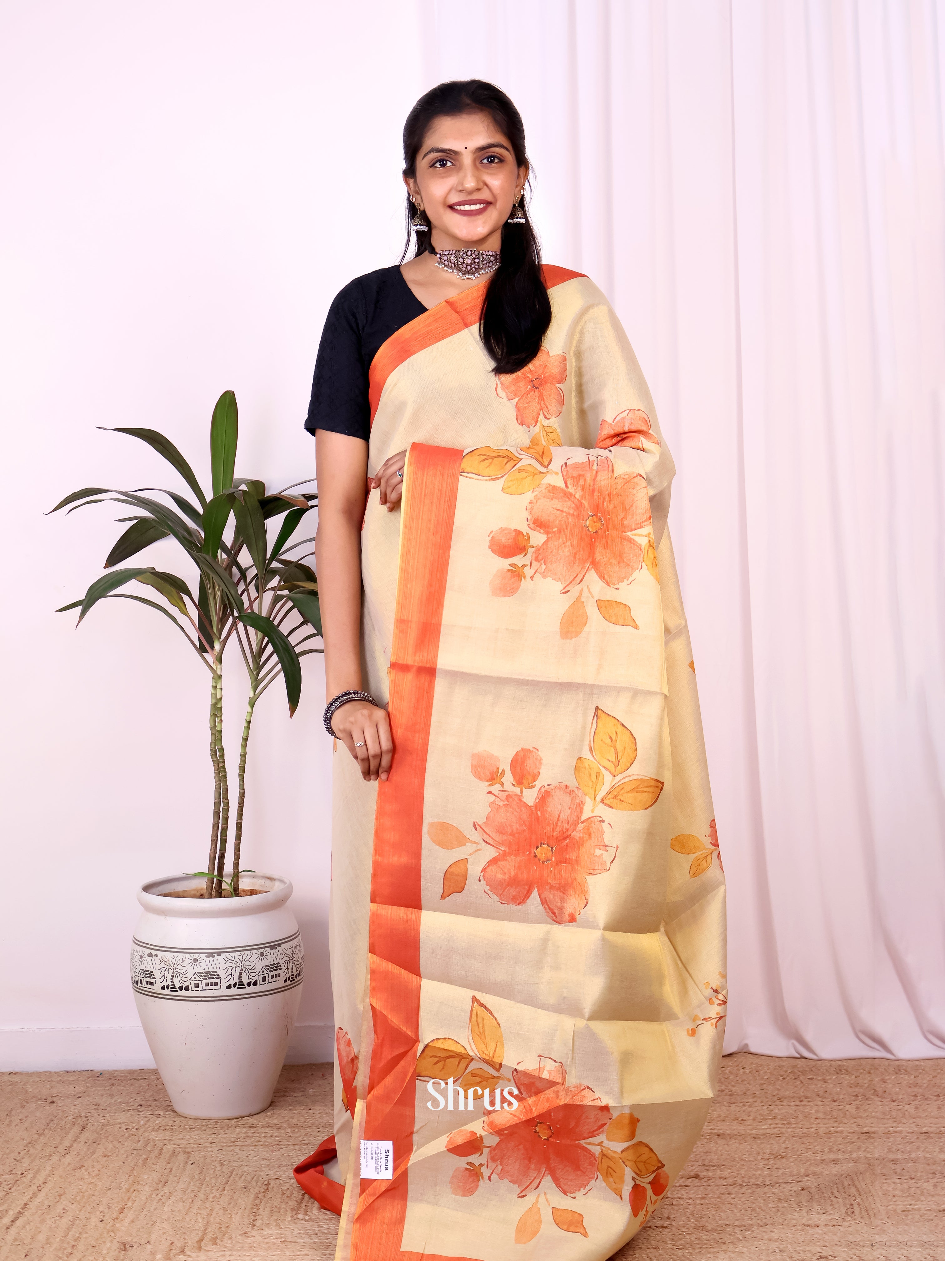 Gold & Orange - Semi Jute Saree - Shop on Shrus.com