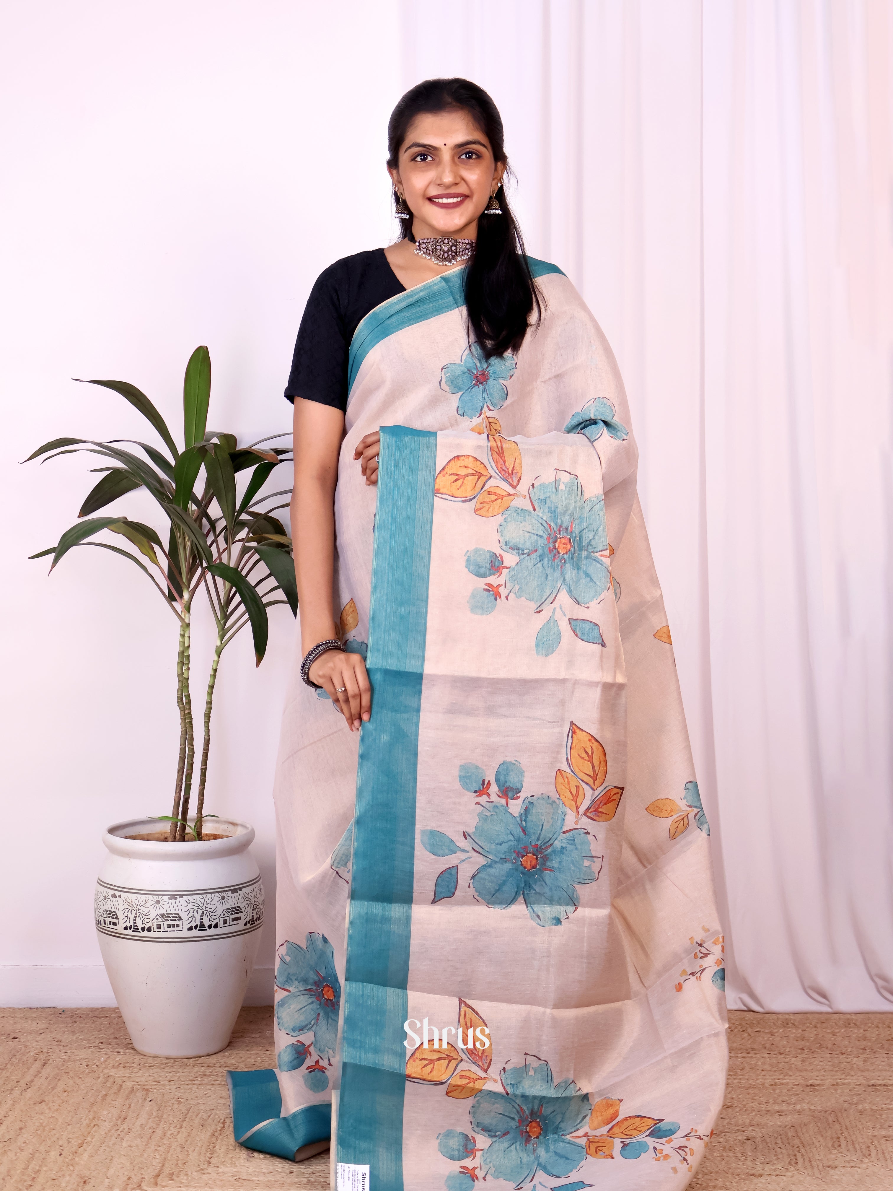 Gold & Blue- Semi Jute Saree - Shop on Shrus.com