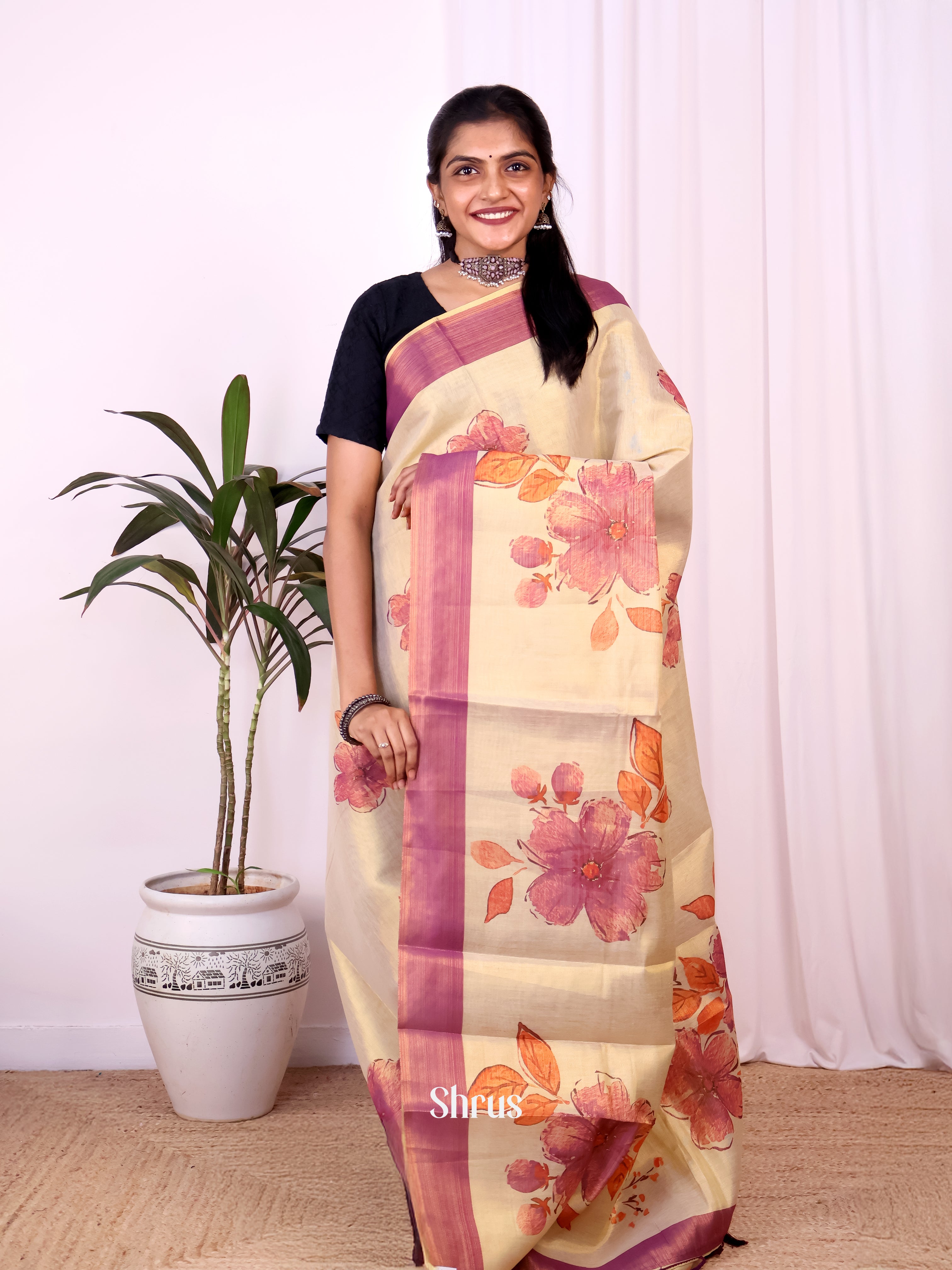 Gold & Purple - Semi Jute Saree - Shop on Shrus.com
