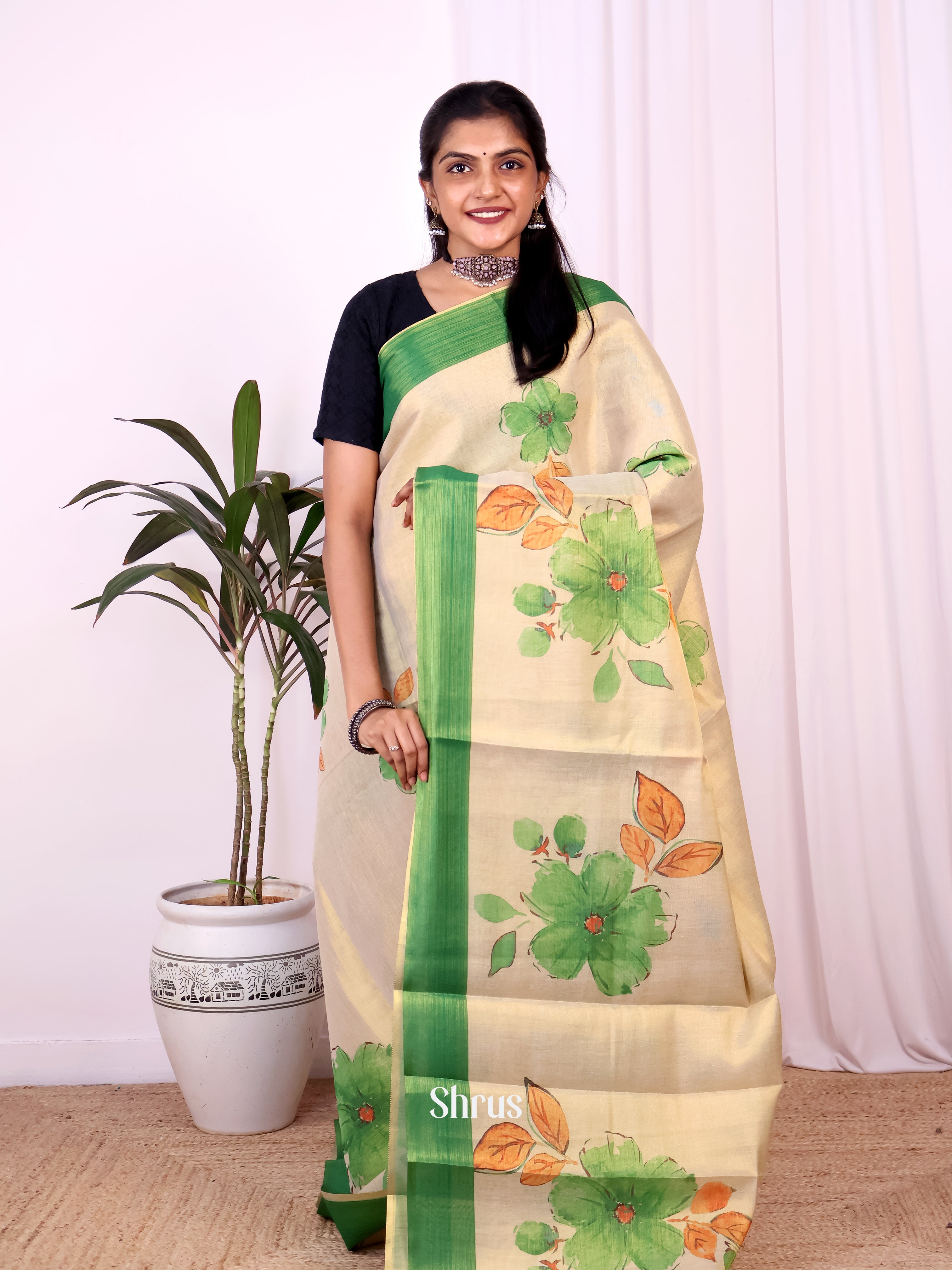 Gold & Green- Semi Jute Saree - Shop on Shrus.com