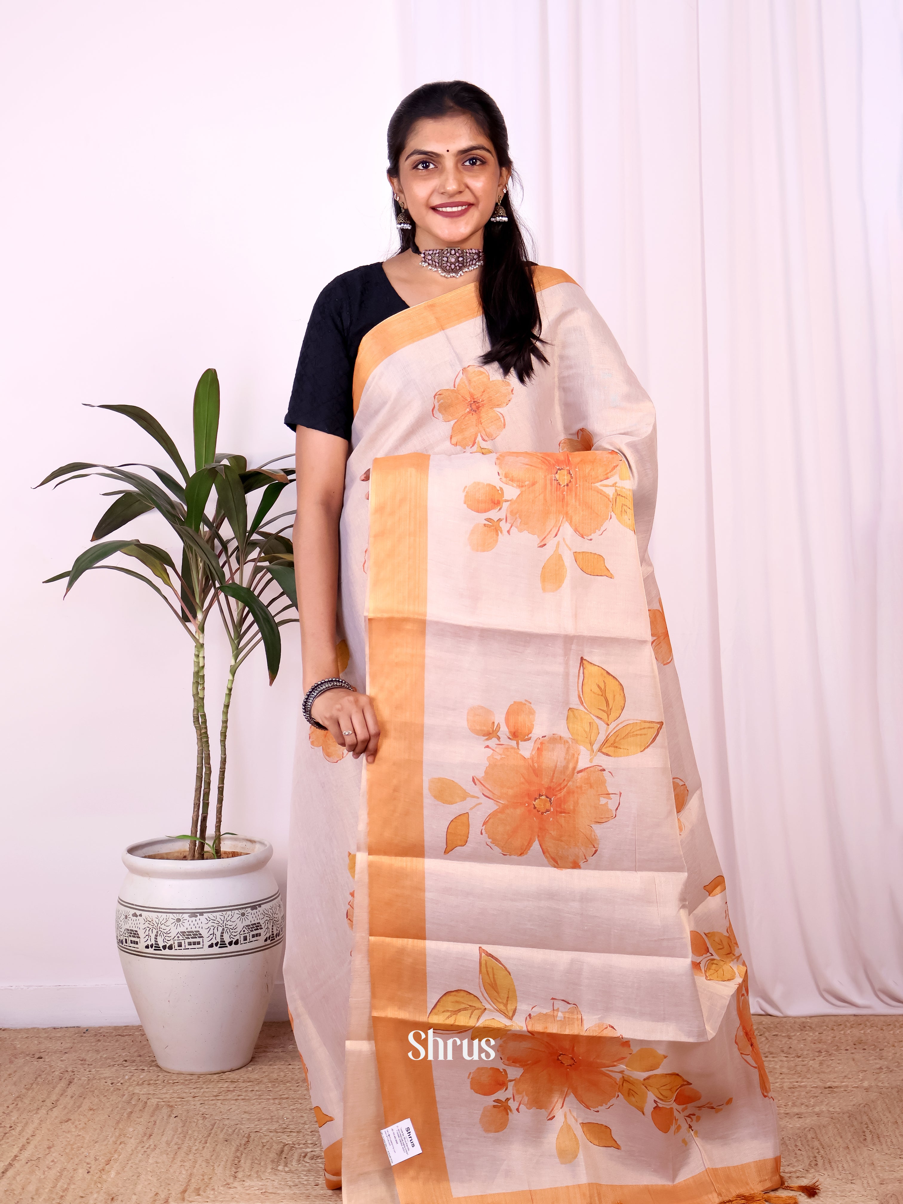 Gold & Orange - Semi Jute Saree - Shop on Shrus.com